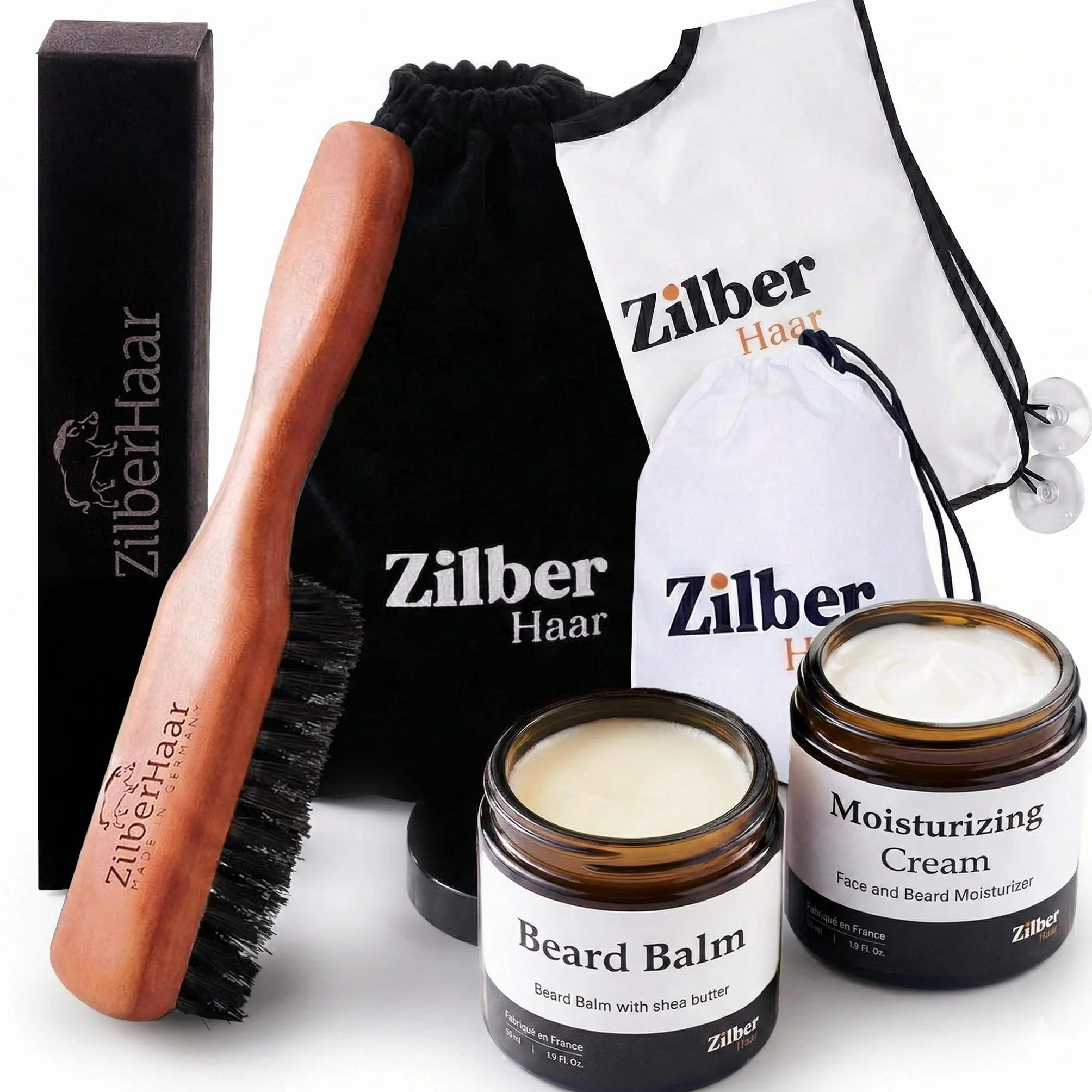 ZilberHaar - Zestaw do pielęgnacji brody dla mężczyzn - 1 szczotka do brody + 1 balsam + 1 krem nawilżający + 1 peleryna - twarde włosie dzika - aksamitne etui