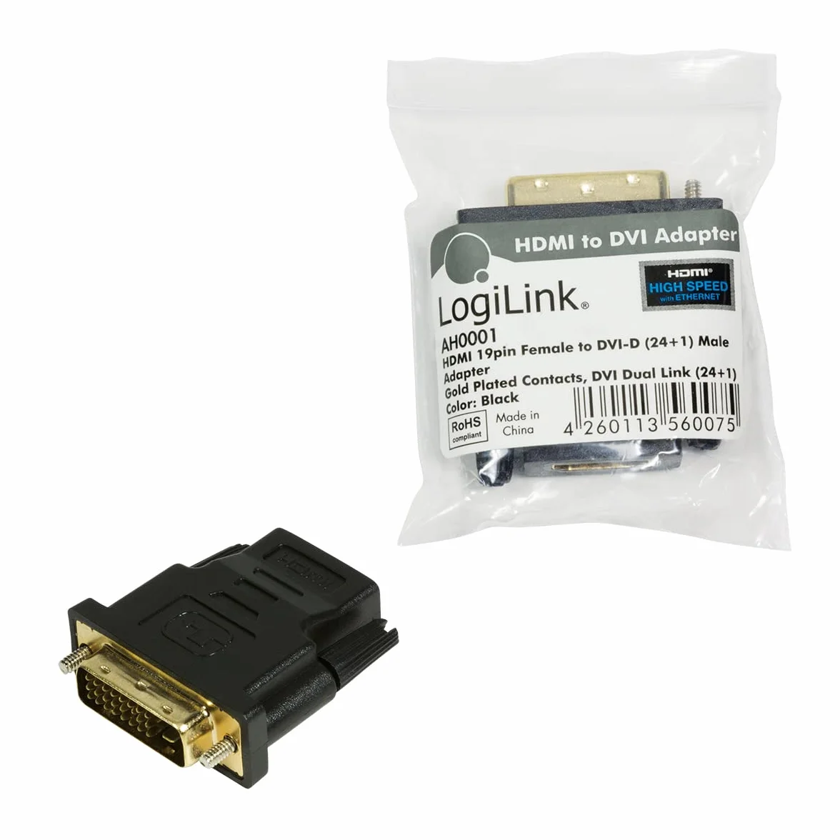 LogiLink Adapter cyfrowy HDMI do DVI-D (DVI Dual Link 24+1), obsługuje wszystkie standardy HDTV i HD ready standardy, 1 sztuka