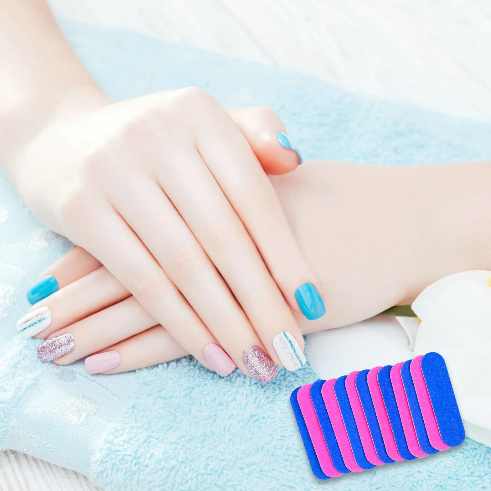 100 mini pilników do paznokci 180/240 Grit dwustronne jednorazowe pilniki do manicure, salonu i domu