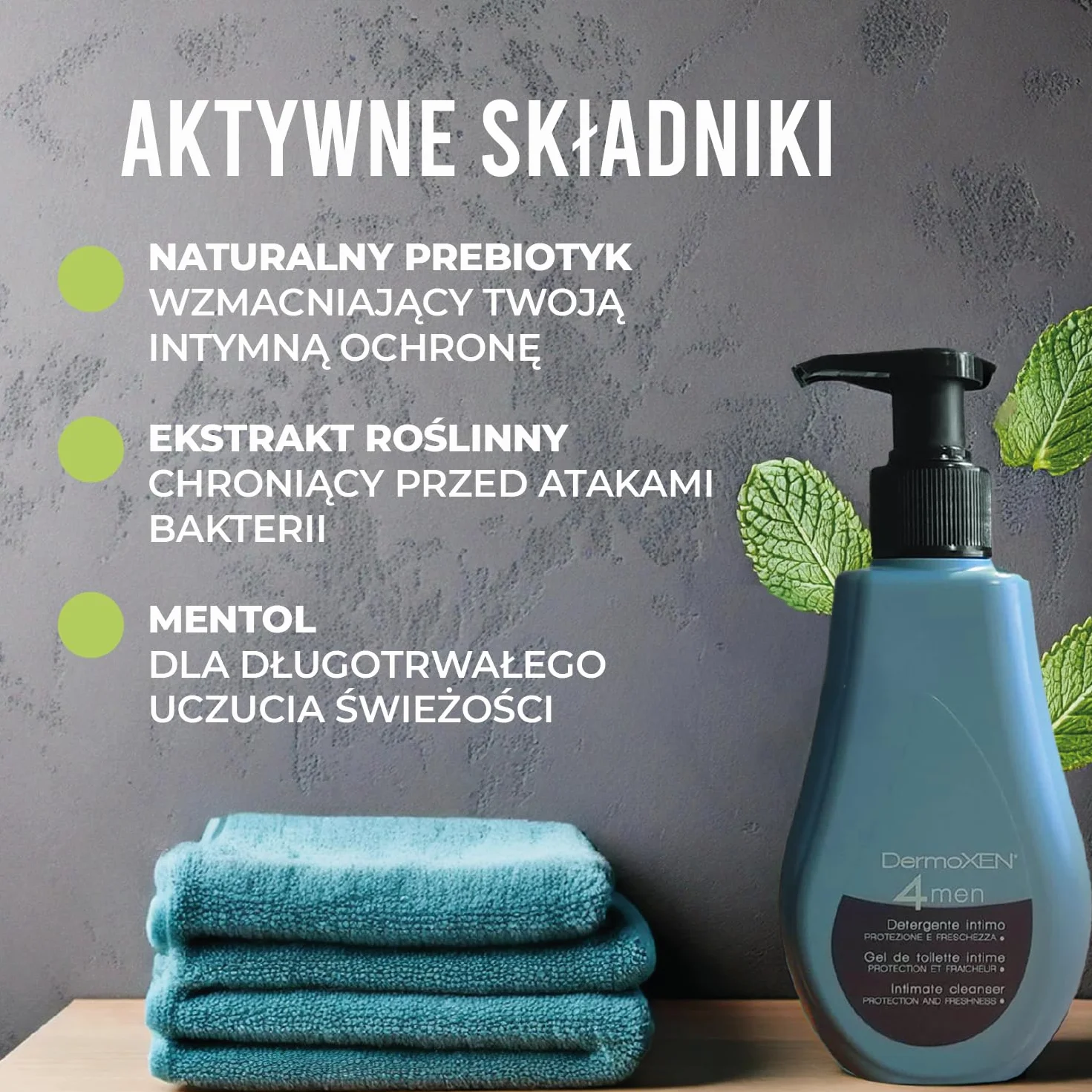 DermoXEN 4MEN Żel do higieny intymnej dla mężczyzn z mentolem i włóknami prebiotycznymi | Naturalny płyn intymny | Pielęgnacja intymna | pH 4.8 | 125 ml
