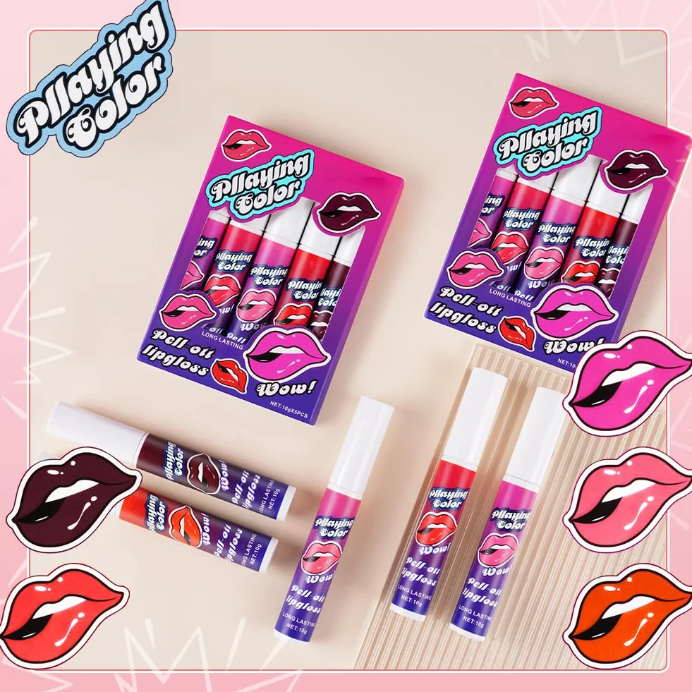 Peel Off Lip Stain Zestaw 5 Kolorów, Odciek do ust z matowym wykończeniem, długotrwały i wodoodporny, wysoce pigmentowany, błyszczyk do ust pozostanie na cały dzień