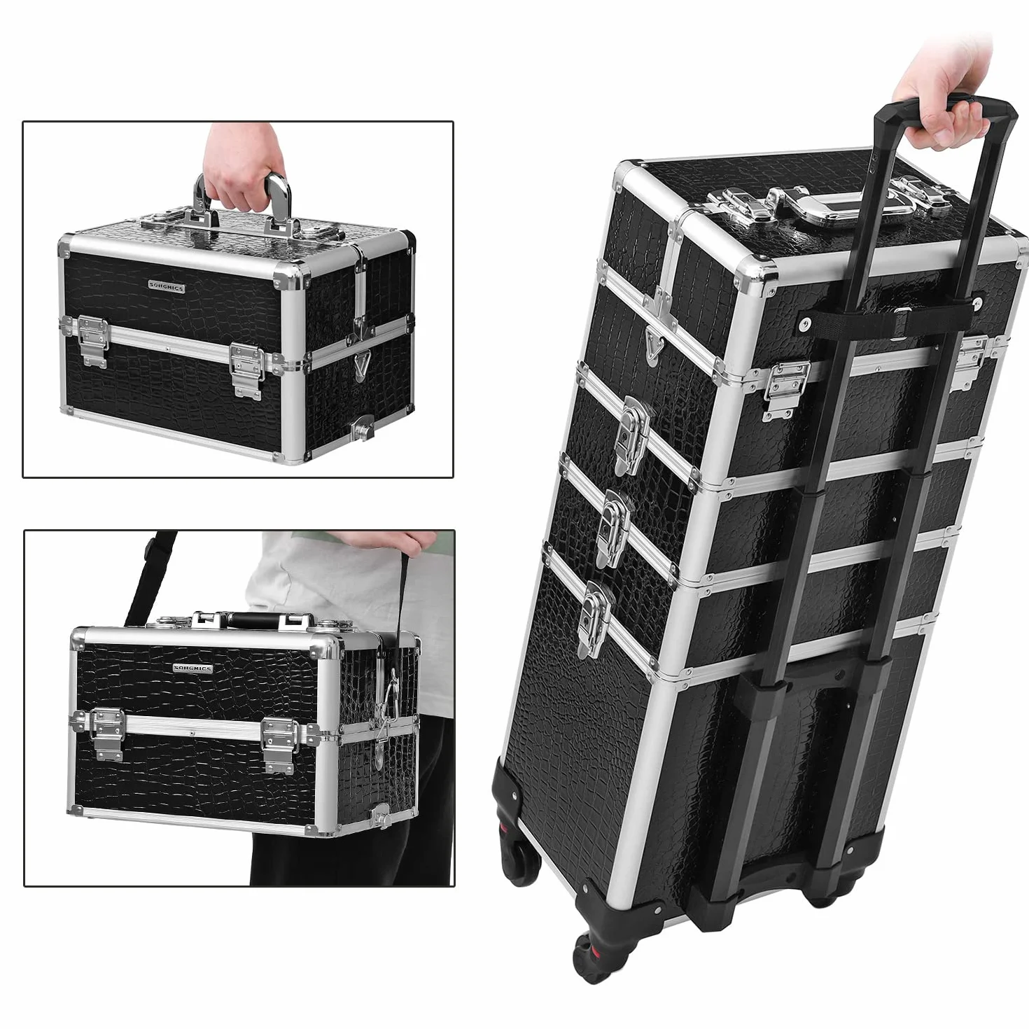 SONGMICS Aluminiowa walizka na kółkach, walizka fryzjerska, kuferek na kosmetyki bez zawartości, bagaż podręczny, Beauty Case, 4 w 1, XXL, czarna JHZ06B