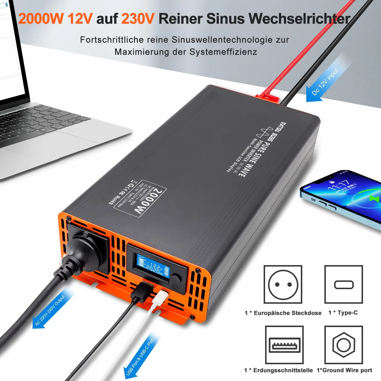 DATOUBOSS Przetwornica Samochodowa 12V 230V Czysty Sinus 2000W/4000W, Inwerter z Pilotem Zdalnego Sterowania i Wyświetlaczem LCD, 1× Gniazdo AC, 1× USB, 1× USB-C