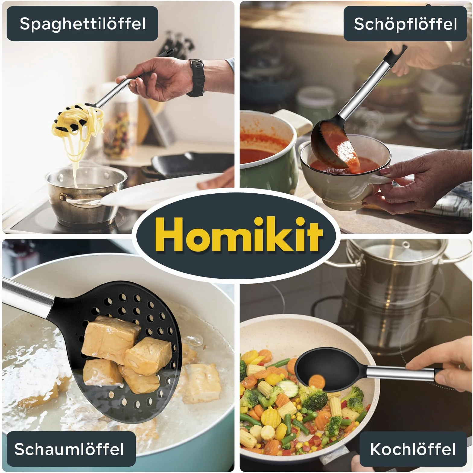 Homikit zestaw przyborów kuchennych, 10 sztuk, silikonowe, z uchwytem ze stali nierdzewnej, nieprzywierające, odporne na wysokie temperatury, czarne, nadają się do mycia w zmywarce
