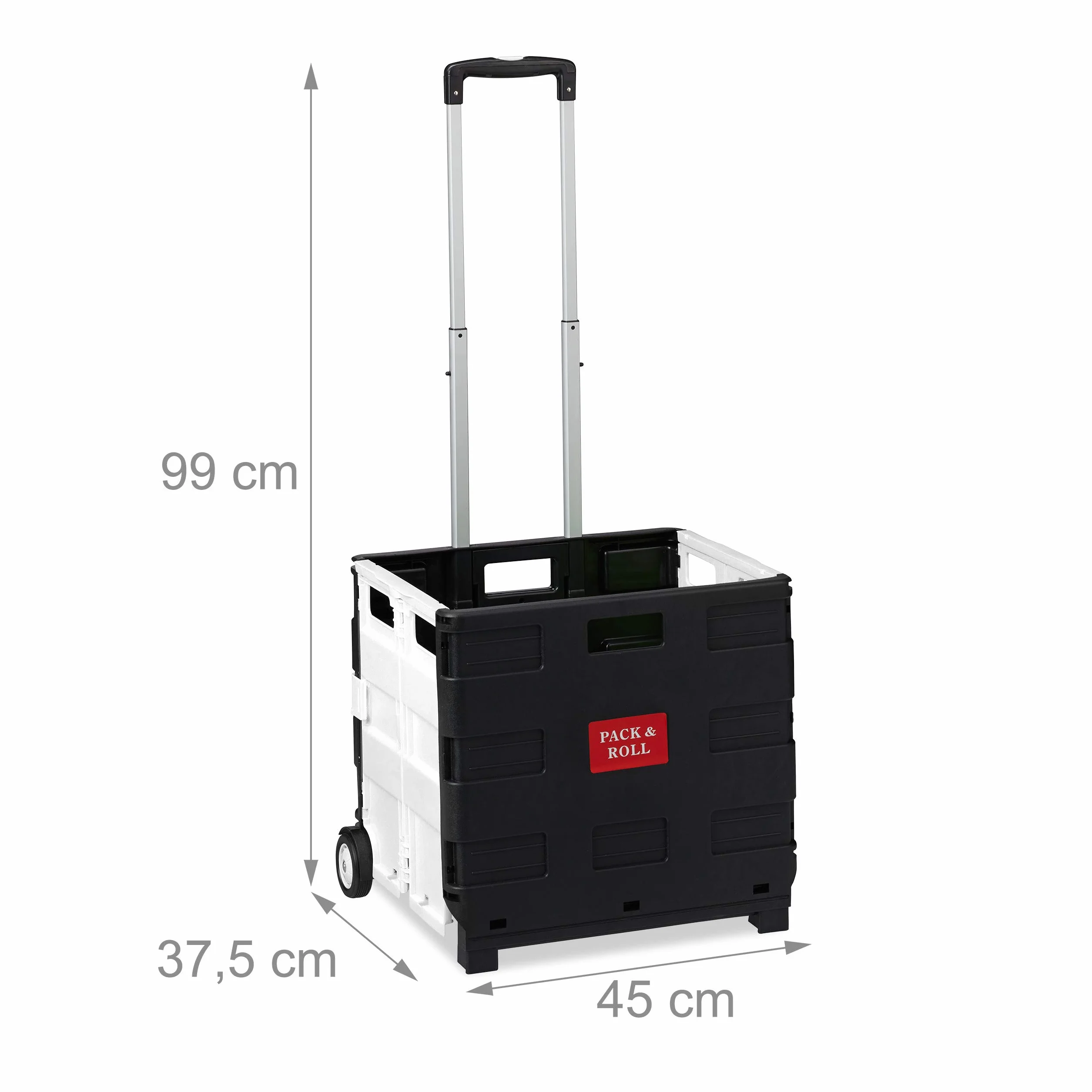 Relaxdays Wózek na zakupy, składany, z uchwytem teleskopowym, kółkami, wózek transportowy do 35 kg, skrzynia 50 litrów, kolor czarny/szary, tworzywo sztuczne