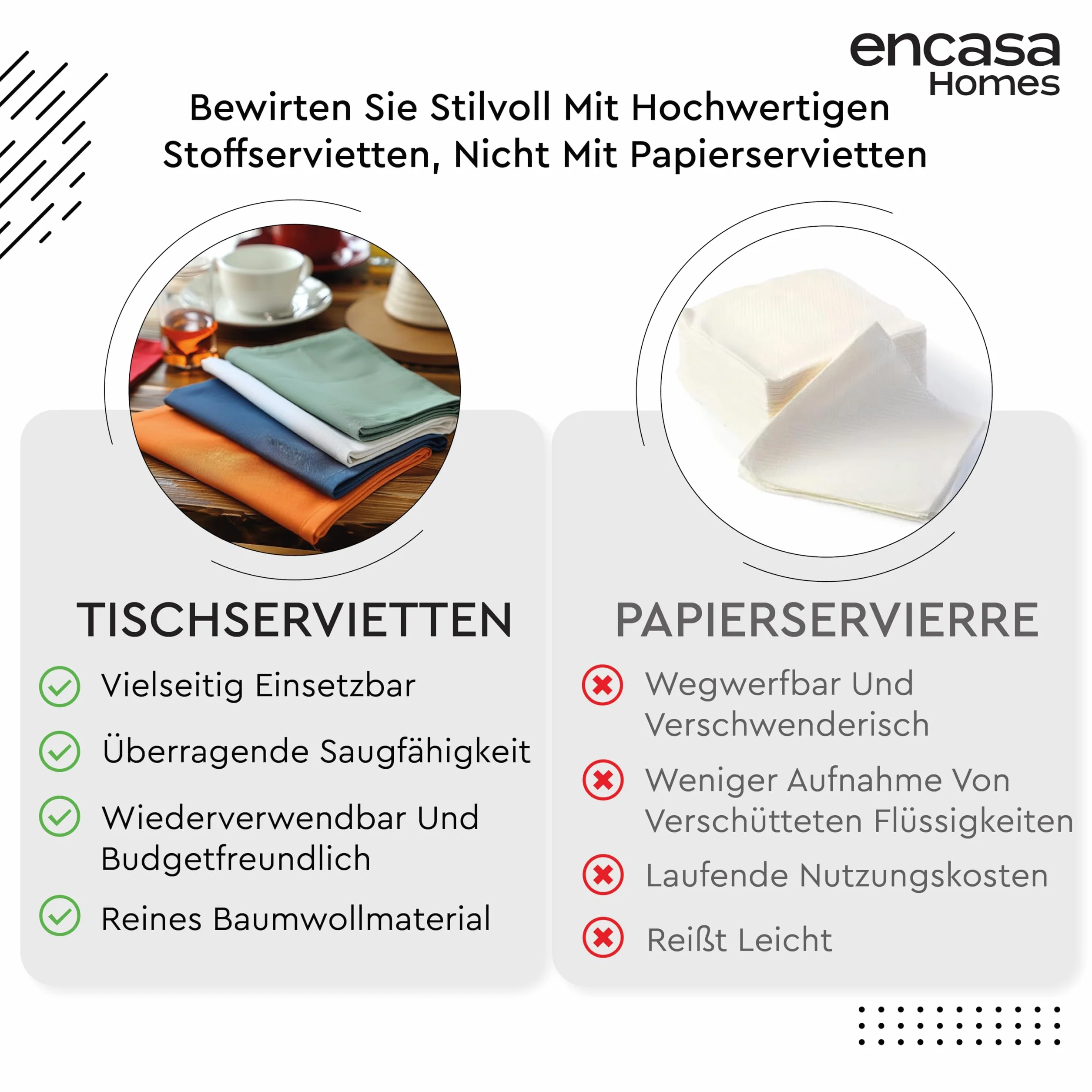 Encasa Serwetki kuchenne bawełniane 43x43 cm 6-pak zmywalne wielokrotnego użytku