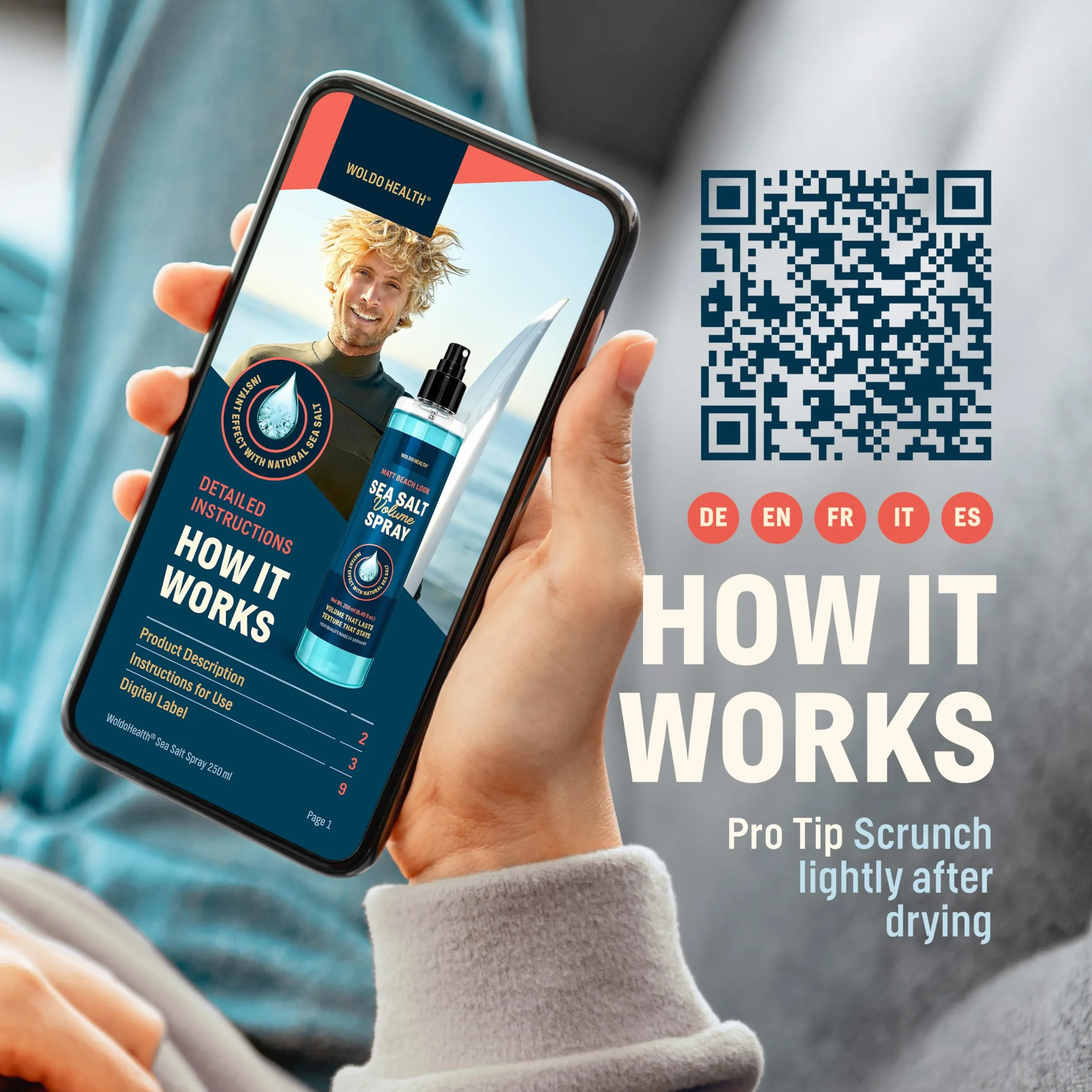 WoldoHealth Sea Salt Spray 250ml – Dla większej objętości i tekstury, matowy beach look, nie skleja, subtelny zapach unisex, do włosów cienkich, krótkich i długich