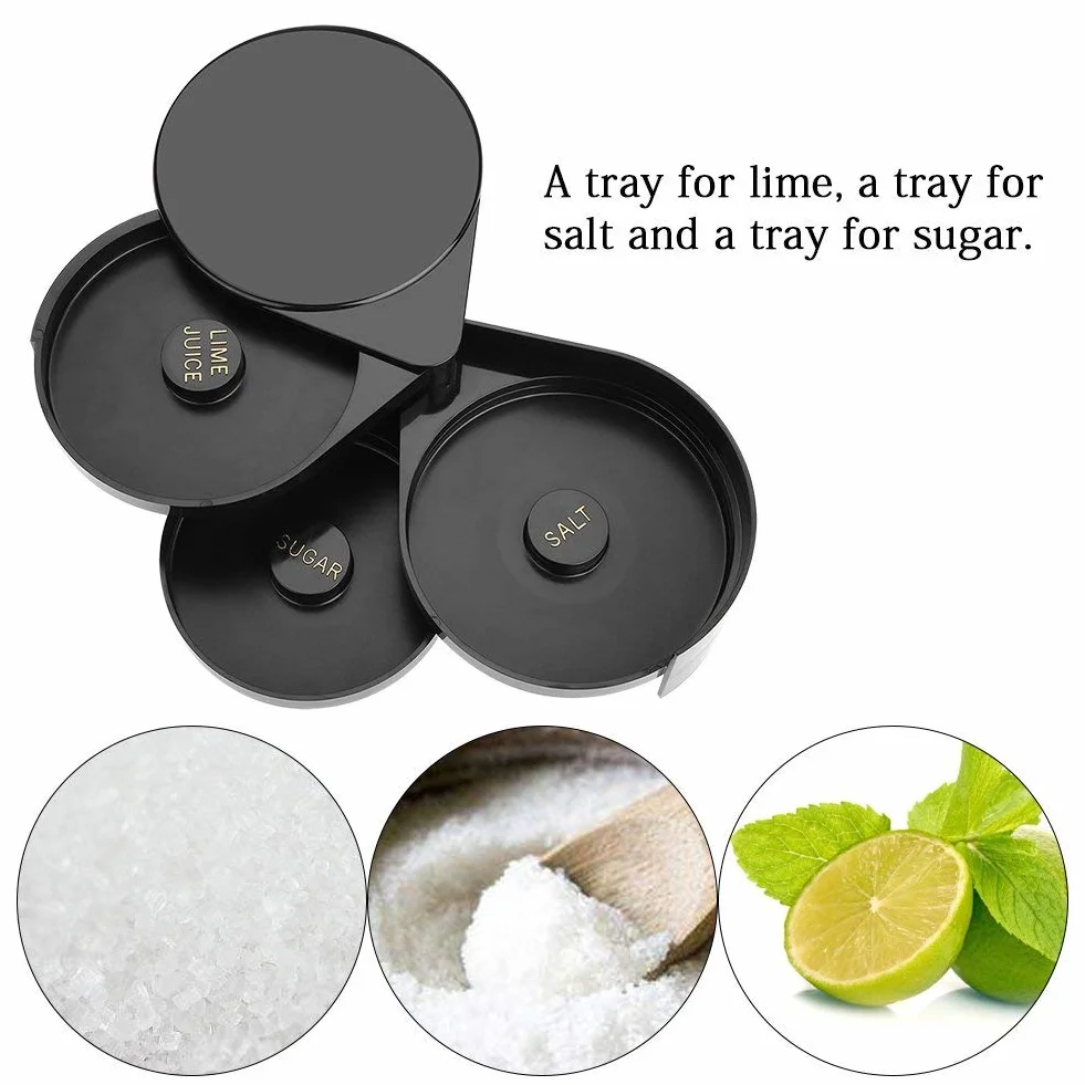 Margarita Salt Rimmer Set, 1 Pack 3 Tier Sugar Salt Rimmer Lime Bar Glass Rimmer do Margarity i Koktajlu, Narzędzie Barmana, Pojemnik na Sól, Pojemnik na Przyprawy, Czarny