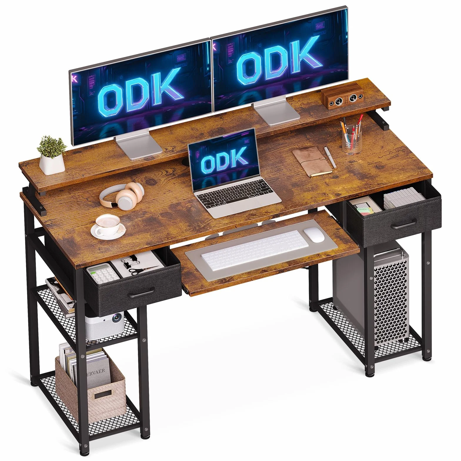 ODK Biurko komputerowe z szufladami 120x48x90 cm drewniane z półką na klawiaturę i stojakiem na monitor brązowe