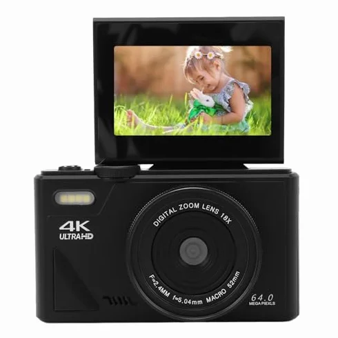 Aparat Cyfrowy 64 MP, Aparat do Vlogowania 4K, Aparat z automatyczną regulacją Ostrości i 18-krotnym Zoomem, Mały Kompaktowy Aparat z 3-calowym Odchylanym Ekranem, Mały Aparat