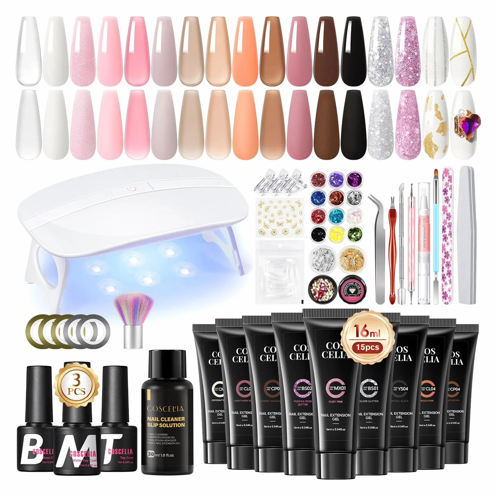 COSCELIA Przedłużanie paznokci żelowy kompletny zestaw 93 szt., 15 kolorów 16 ml Poly żel do paznokci z półtrwałą lampą do paznokci bazy Top Coat i narzędzia do manicure, zestaw do paznokci żelowych