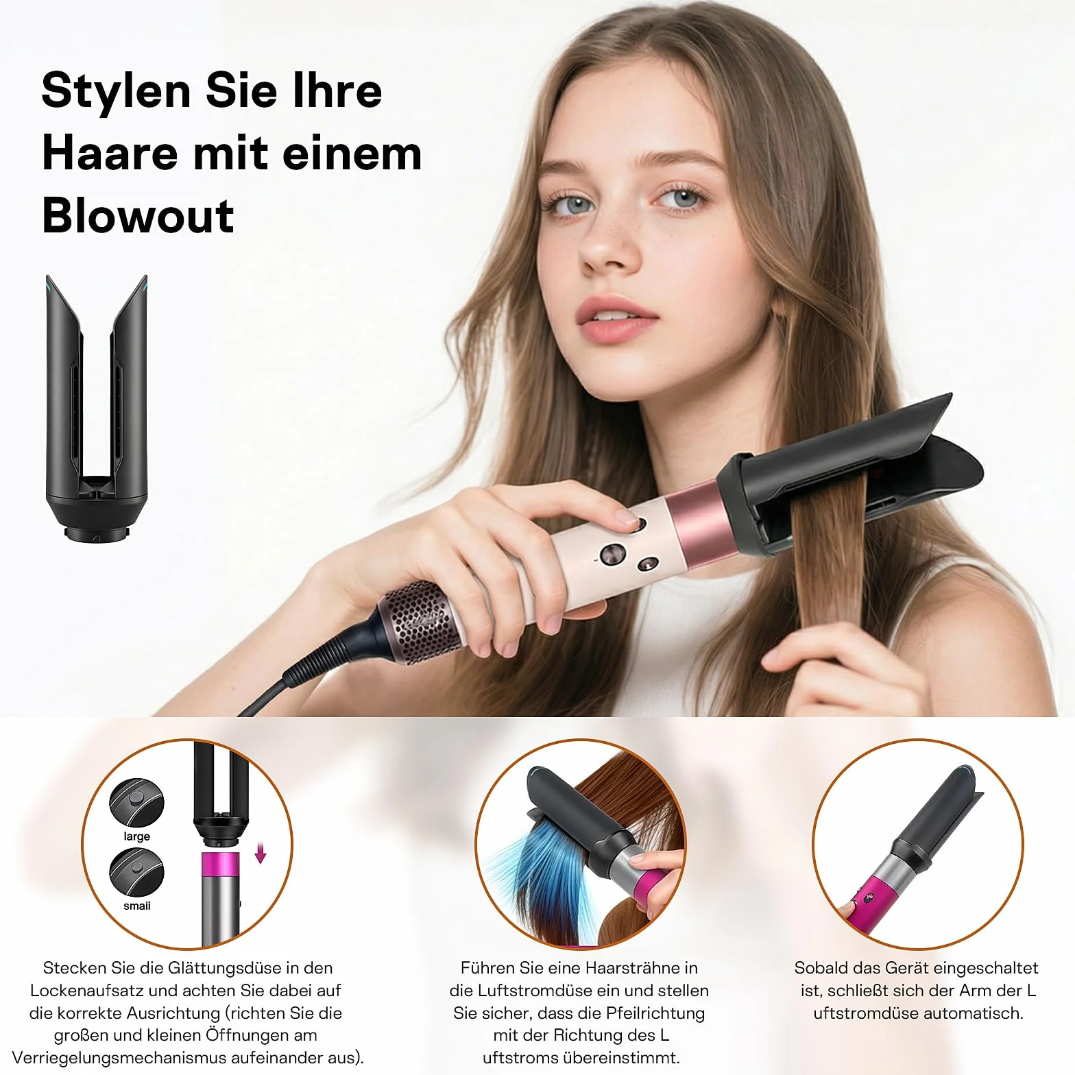 Dysza wygładzająca nasadka do Dyson Airwrap, wygładza wilgotne, kręcone włosy dla uzyskania gładkiego, błyszczącego efektu i przy tym redukuje puszenie się. Kompatybilny z modelami HS01, HS05 i HS08