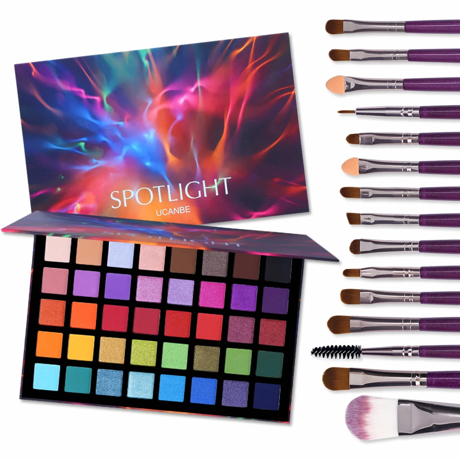 UCANBE Paleta cieni do powiek Spotlight z 40 kolorami i 15 pędzli – Paleta cieni do powiek matowych i błyszczących – Paleta makijażu z wysoką nasyceniem barwności, idealna do makijażu urlopowego i cod