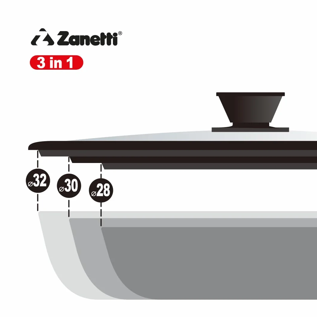 Zanetti, Uniwersalna pokrywka, szklana pokrywka do garnków i patelni, żaroodporna silikonowa krawędź, pasuje do średnicy 28 cm, 30 cm, 32 cm