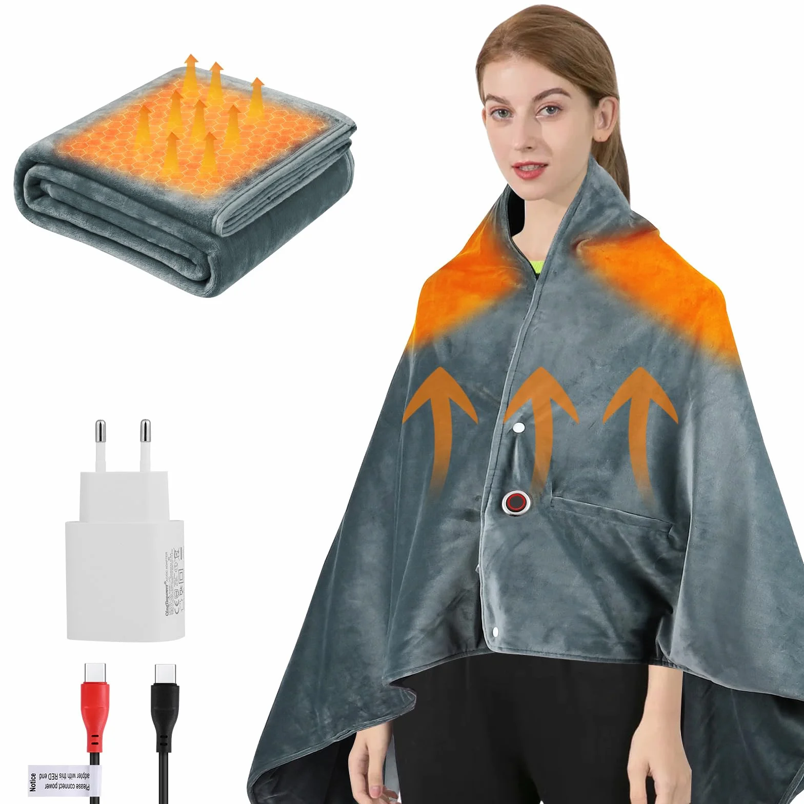 Dreamhigh® Koc elektryczny z automatycznym wyłączaniem, 150 x 90 cm, grafenowy, elektryczny koc z 3 stopniami regulacji temperatury, materiał flanelowy, można prać w pralce, do domu, biura, na podróż,