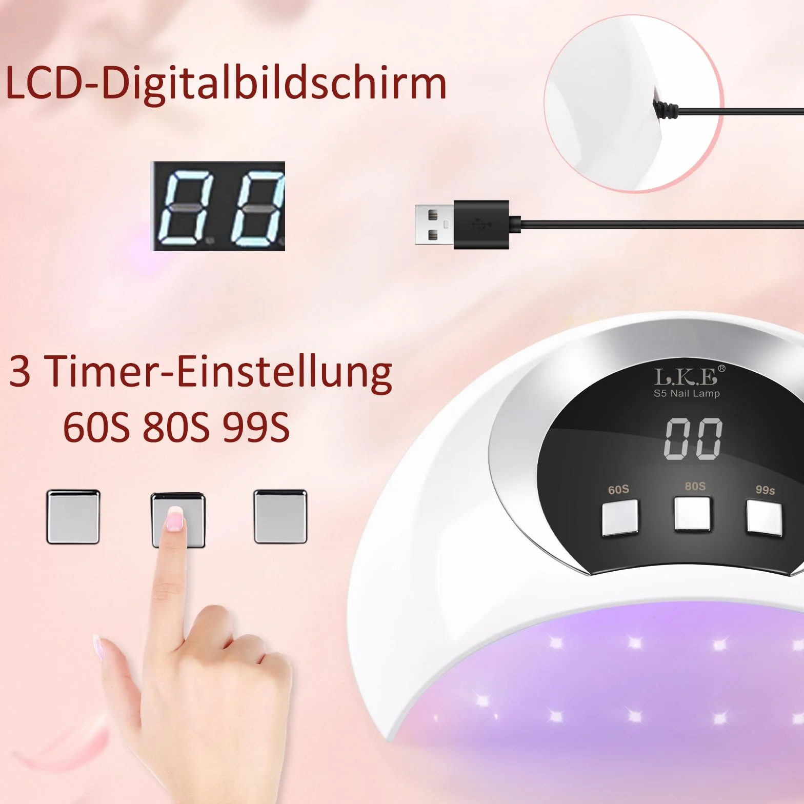 Lampa UV do paznokci 54W, Lampa UV z 3 timerami i wyświetlaczem LCD, czujnik auto, 18 LED, ładowanie USB, przenośna lampa LED do paznokci do domu i salonu paznokci, prezent na Walentynki dla kobiet