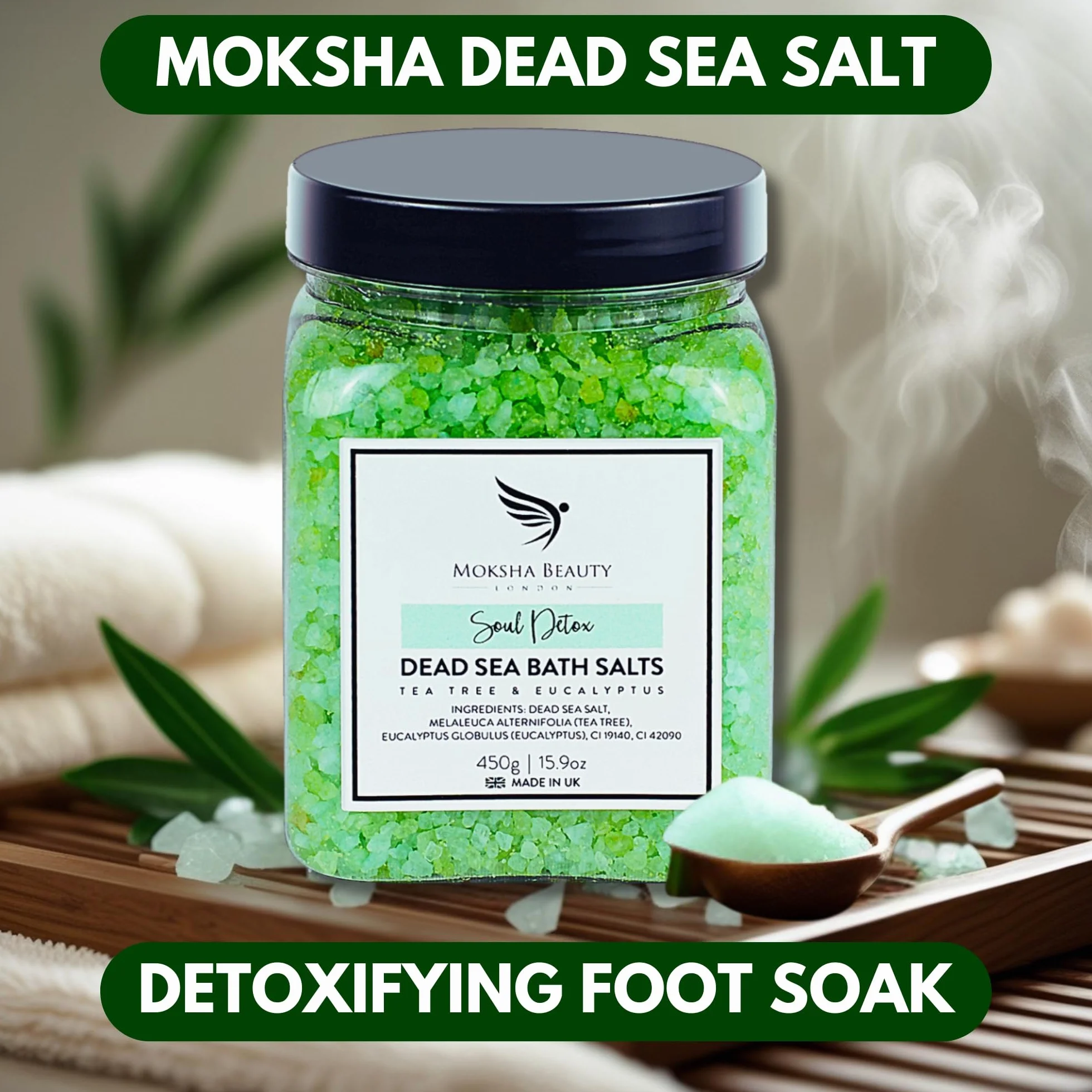 MOKSHA Naturalne Sole z Morza Martwego z Olejkiem z Drzewa Herbacianego, Relaksujące i Antystresowe Sole do Kąpieli i Kąpieli Stóp, Aromaterapia, Ukojenie Mięśni, Prezenty dla Mężczyzn i Kobiet