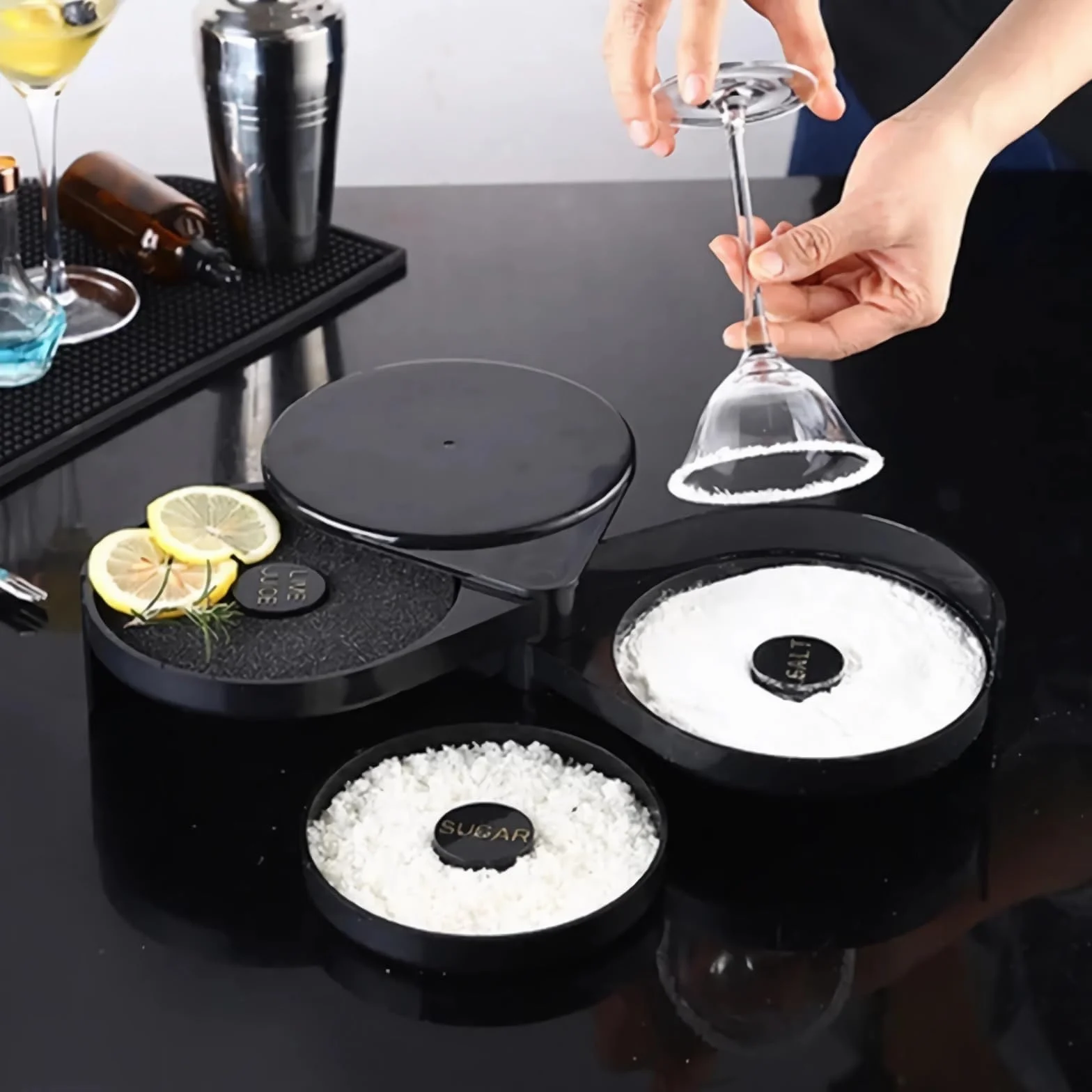 Margarita Salt Rimmer Set, 1 Pack 3 Tier Sugar Salt Rimmer Lime Bar Glass Rimmer do Margarity i Koktajlu, Narzędzie Barmana, Pojemnik na Sól, Pojemnik na Przyprawy, Czarny