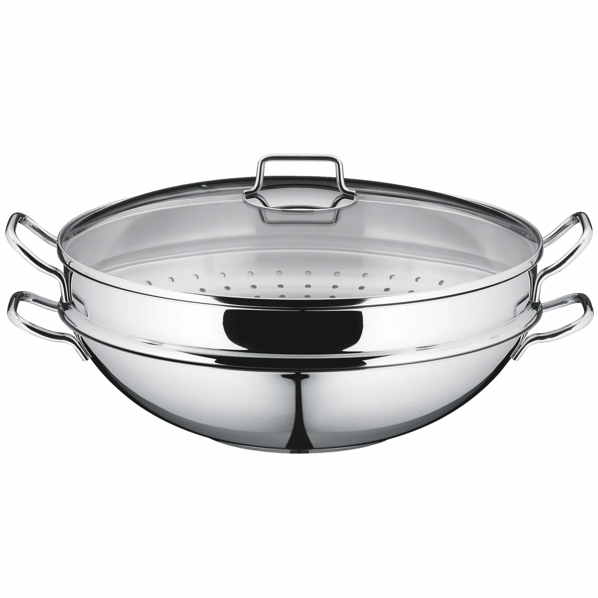 WMF Party wok 4-częściowy zestaw do gotowania na wok z pokrywką, 36 cm, 4,5 l, kratka do odkładania, wkładka do amortyzatora ze stali szlachetnej Cromargan, polerowana, niepowlekana, indukcyjna