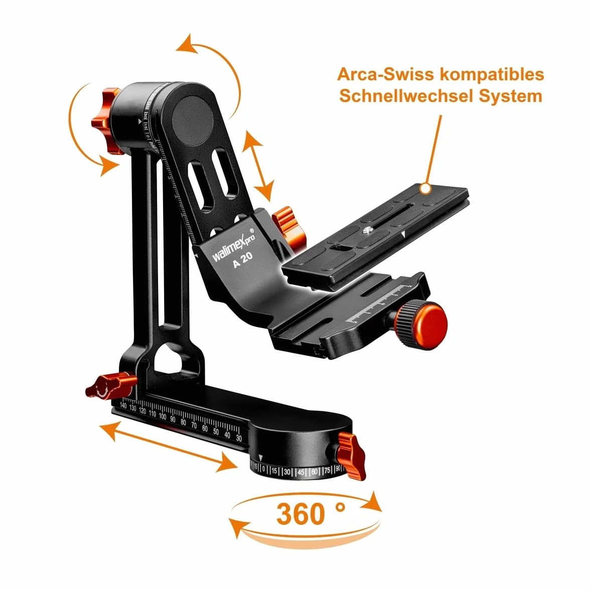 Walimex pro Aluminiowa głowica statywu Gimbal Head A20 – wysokiej jakości 360 stopni panoramiczna głowica statywu, huśtawka małpowa z płytą szybkozmienną Arca, nośność 20 kg, z torbą, do obiektywu DSLR DSLM Spektywnego