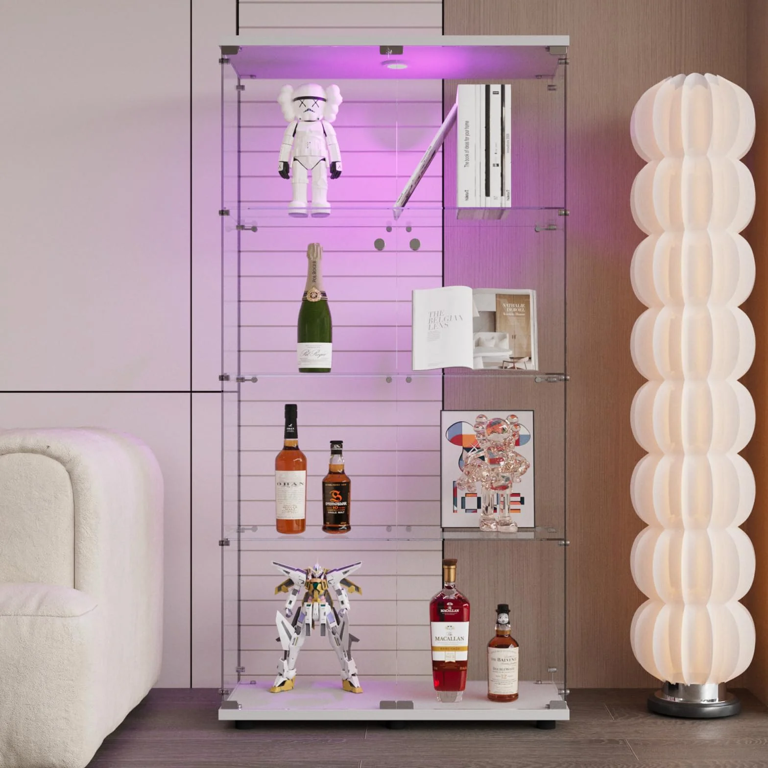 Szklana witryna LED 2 drzwi 4 półki ESG 164x80x36 cm biała