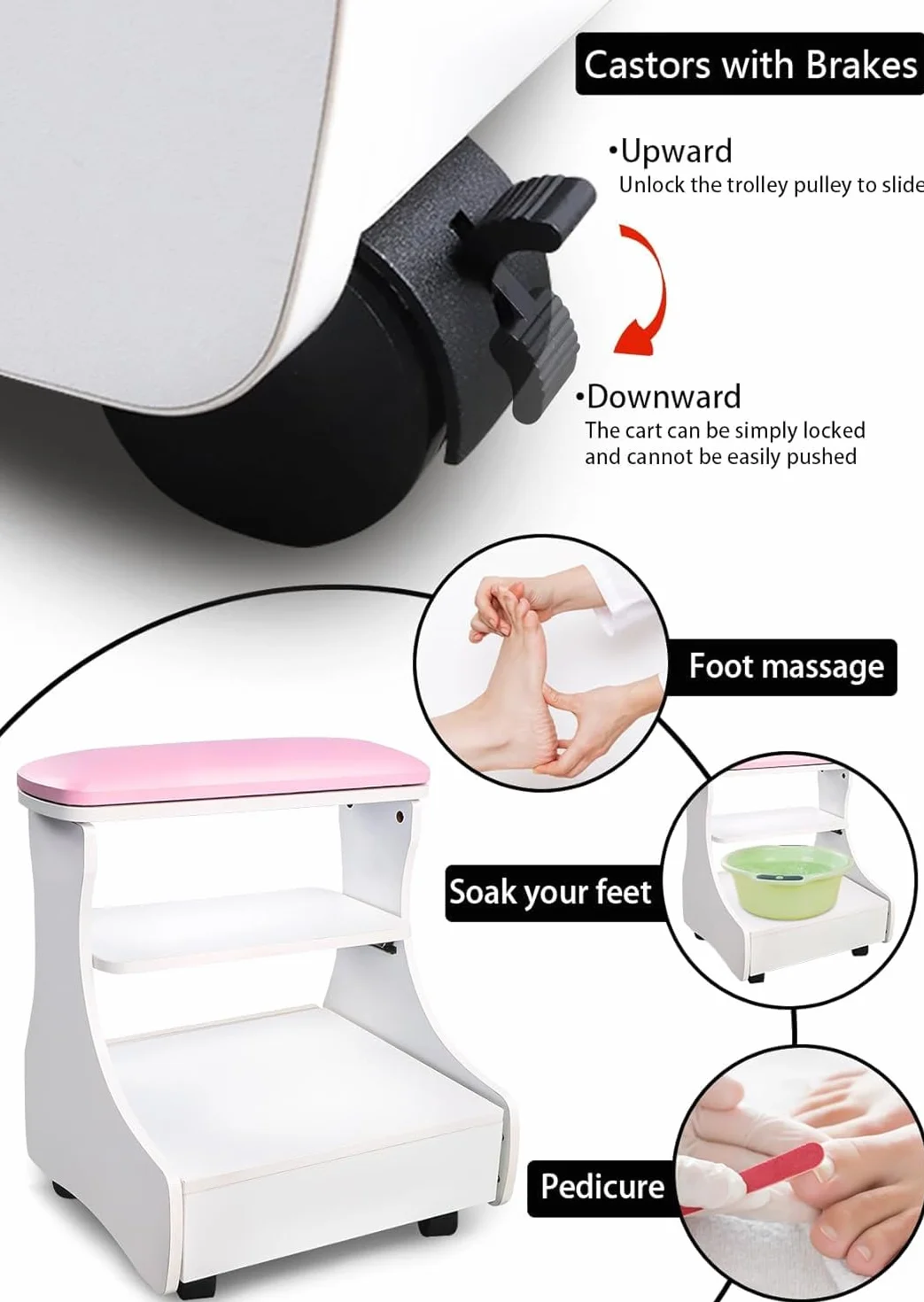 Kalolary Pedicure Foot Rest, Manicure Foot Rest with Wheels Pu Skórzana domowa piękno podnóżka podnośnik stołek stołowy do łatwego użycia salonu domowego
