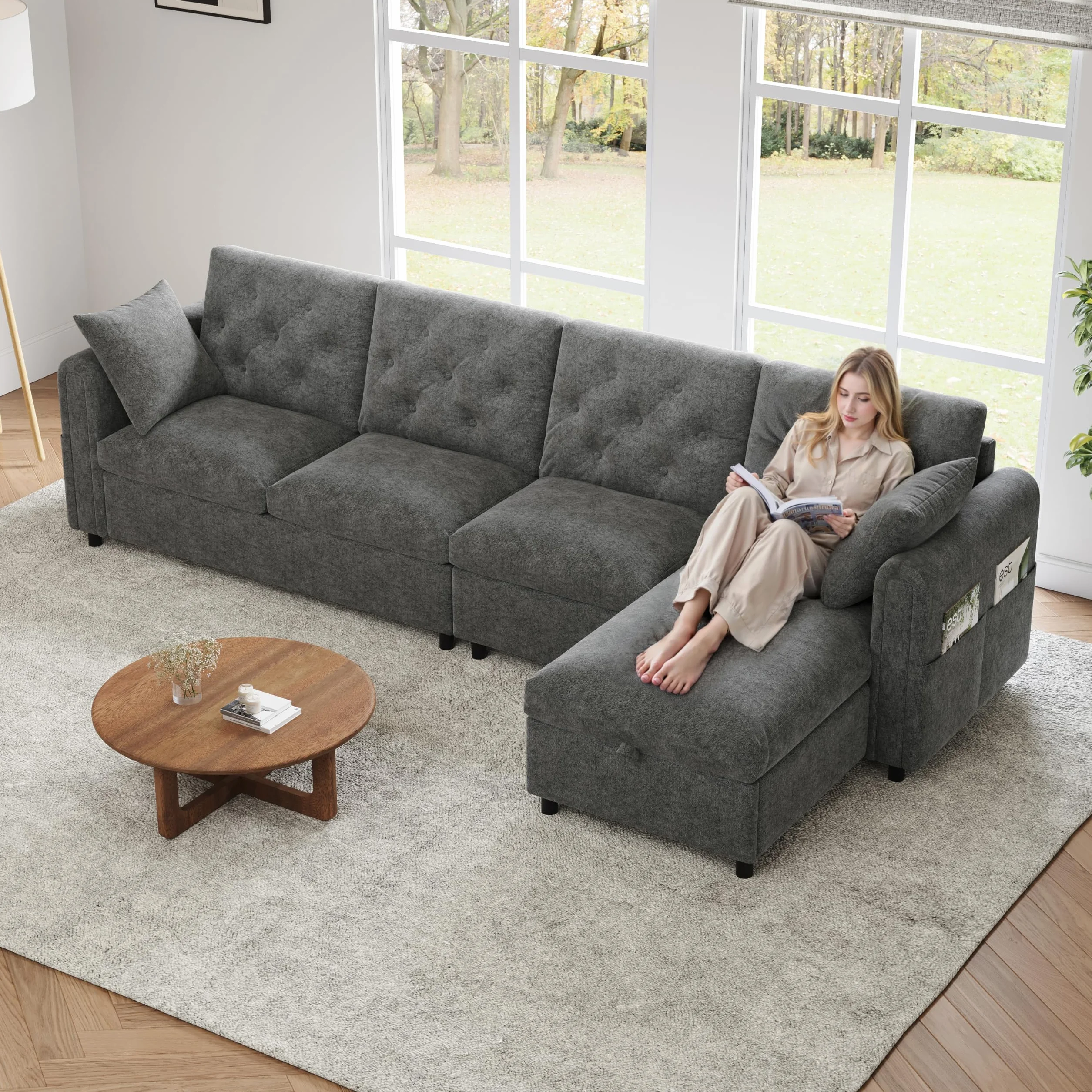 Aksamitna sofa L-kształtna z miejscem do przechowywania, regulowana, szara