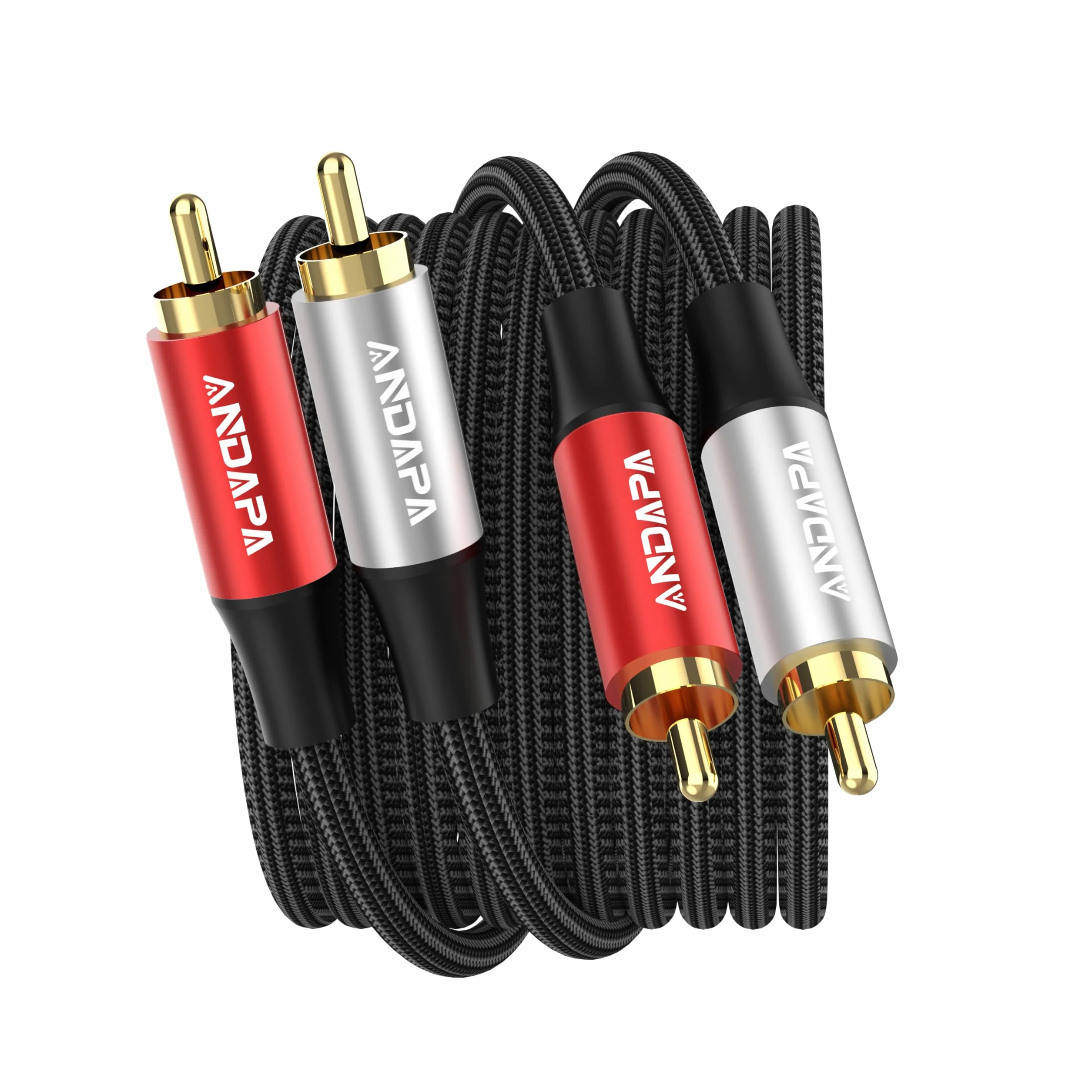 ANDAPA 1,5 m Kabel audio stereo 2x RCA - 2x RCA z oplotem nylonowym, do wzmacniacza, zestawu Hi-Fi, kolumny