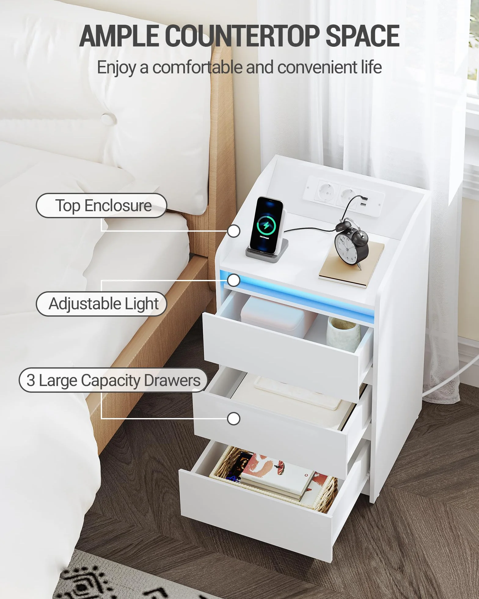 Hzuaneri Stolik nocny z 3 szufladami ze stacją ładującą LED, 2 porty AC i 2 USB, Biały, 2 szt