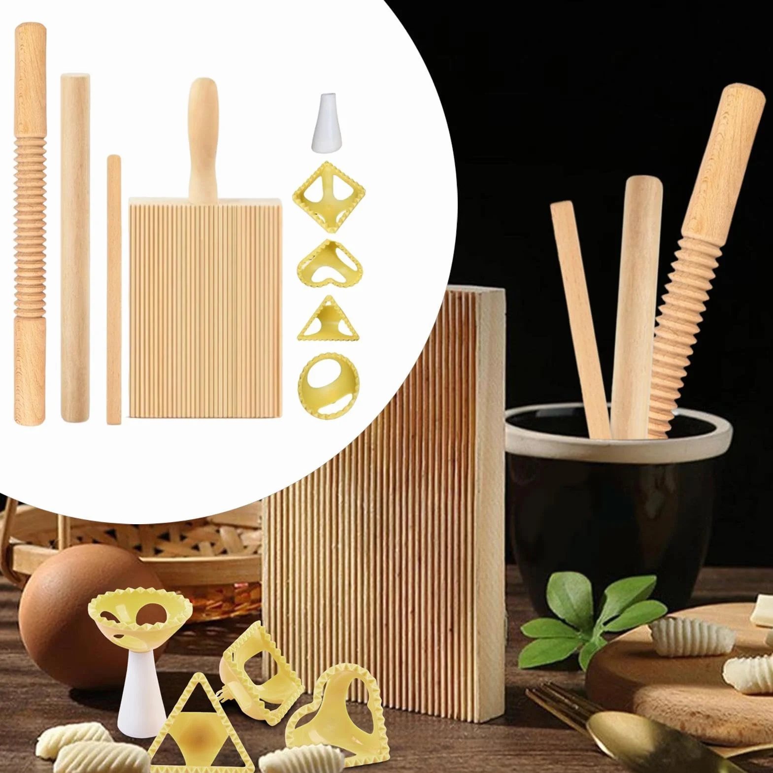 Pasta Making Kit, Wooden Threaded Rolling Pin Board, 8X Dumpling Maker Ravioli Stamp, Making Accessories for Spaghetti, Noodles, Lasagnette, Authentic Homemade Pasta Tools