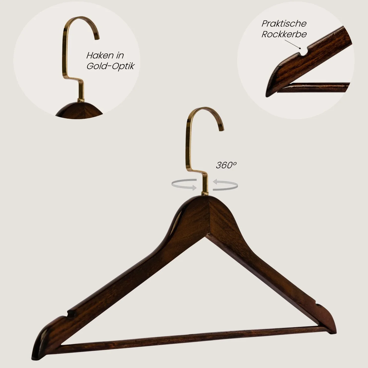RSR-Hangers wieszaki na koszule drewno brązowe złote haczyki 10 sztuk