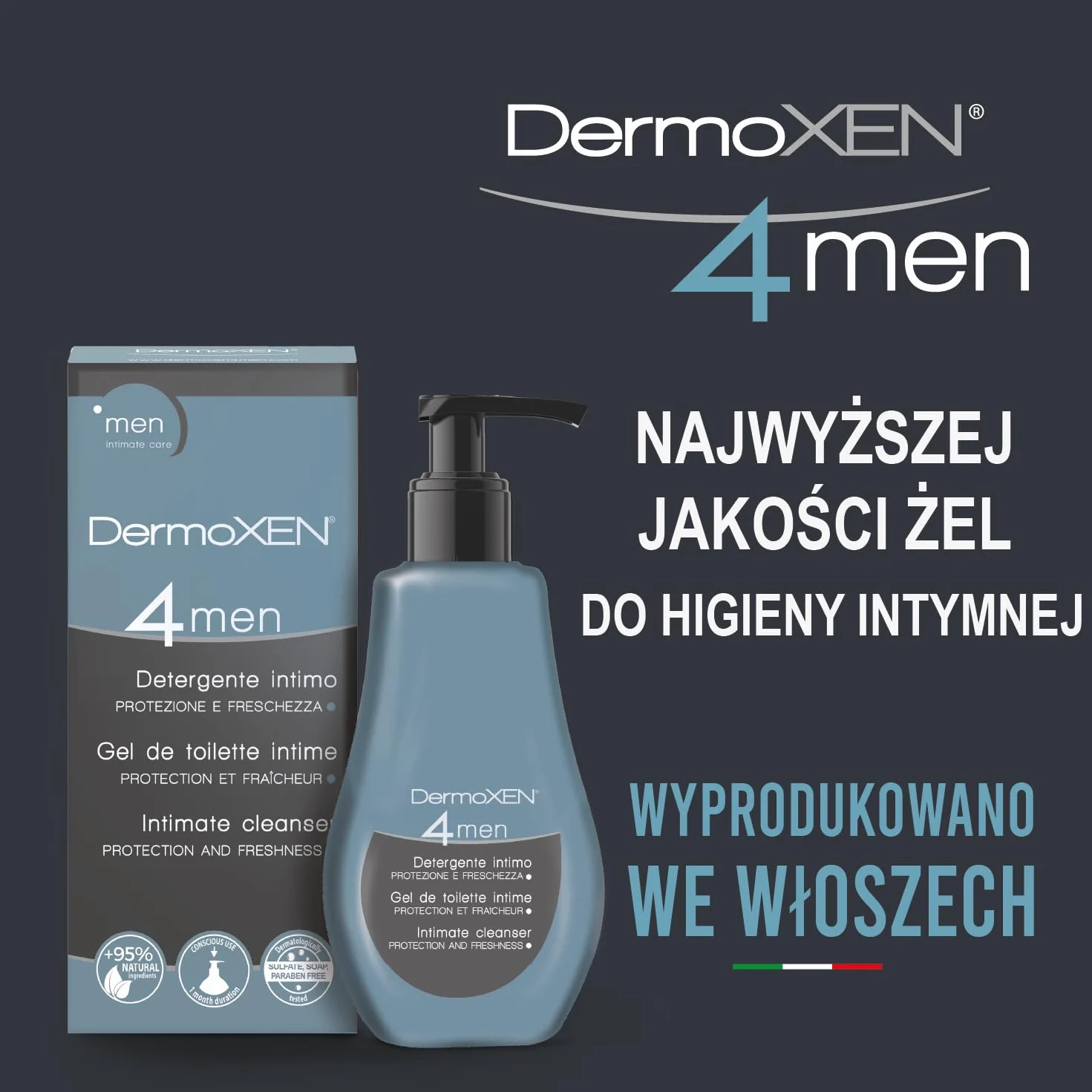 DermoXEN 4MEN Żel do higieny intymnej dla mężczyzn z mentolem i włóknami prebiotycznymi | Naturalny płyn intymny | Pielęgnacja intymna | pH 4.8 | 125 ml