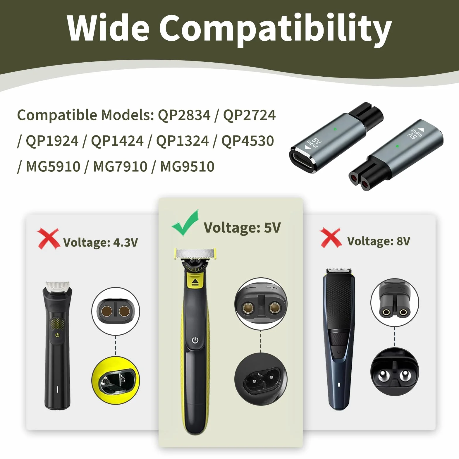 2 x adapter ładowarki 5 V, 1,5 A, USB C, kompatybilny z golarką Philips QP2734, QP2724, QP2834, QP4631, MG7930, MG7950, MG9530, maszynka do golenia, konwerter ładowania USB C