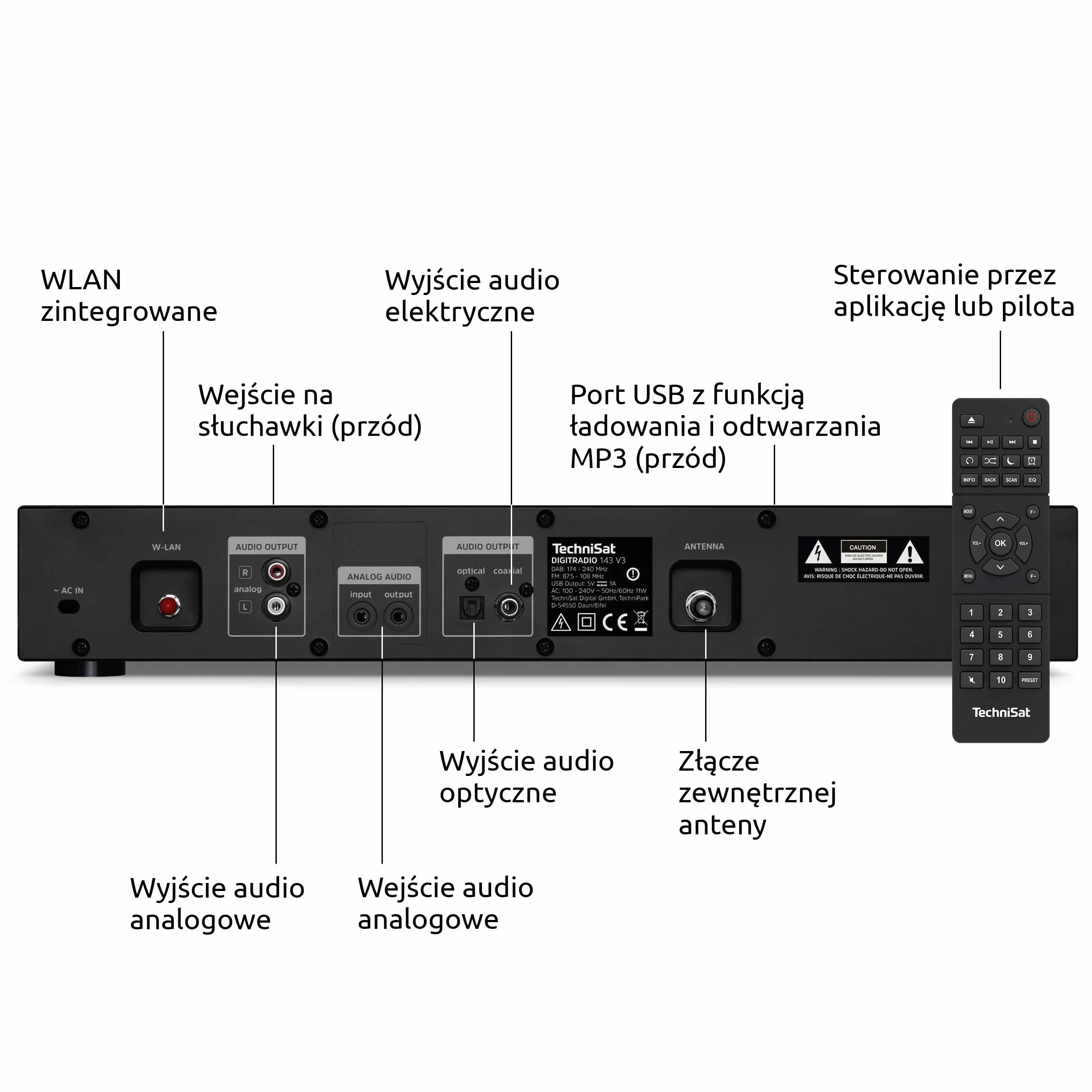 TechniSat DIGITRADIO 143 (V3) – Tuner HiFi Internetowe (Radio cyfrowe DAB+, Strumieniowanie audio przez Bluetooth, Spotify Connect, Antena kierunkowa, Pilot, Szerokość 43,5 cm) czarny