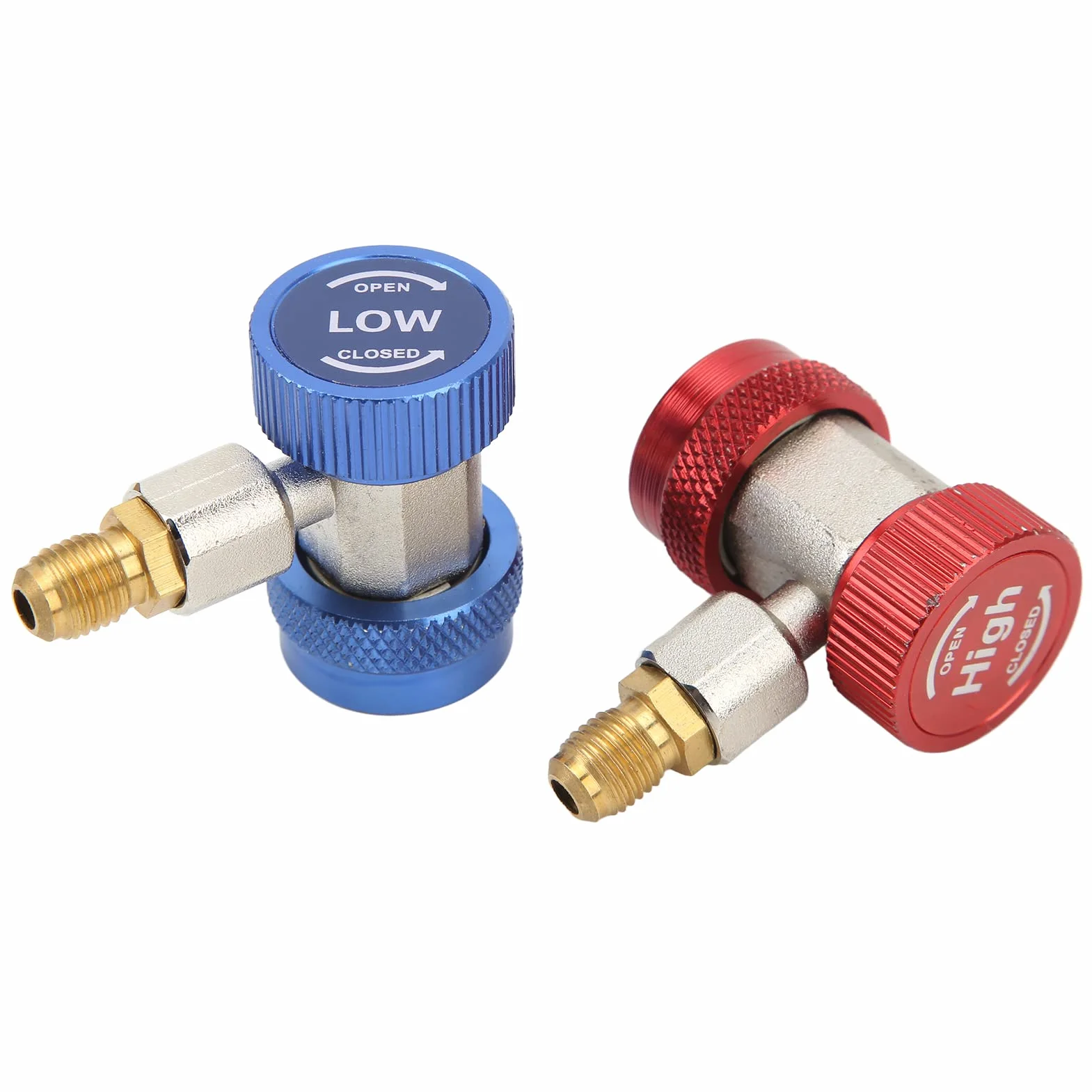 2x Szybkozłącze R134A AC do Klimatyzacji, Zestaw 2 Adapterów High Low, Czerwony do Wysokiego Ciśnienia, Niebieski do Niskiego Ciśnienia, Szybkie i łatwe Podłączanie/odłączanie