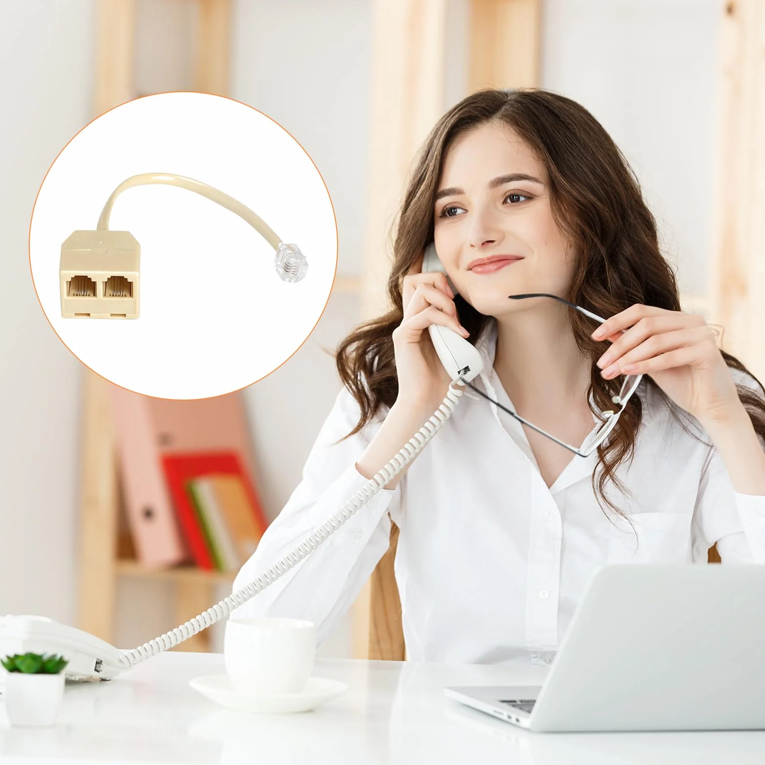 HENGBIRD 2 sztuki rozdzielacz do telefonu RJ11 na 2, adapter do telefonu 6P4C, wtyczka RJ11 na 2 gniazda RJ11, rozdzielacz kabla telefonicznego do telefonu i faksu, beżowy
