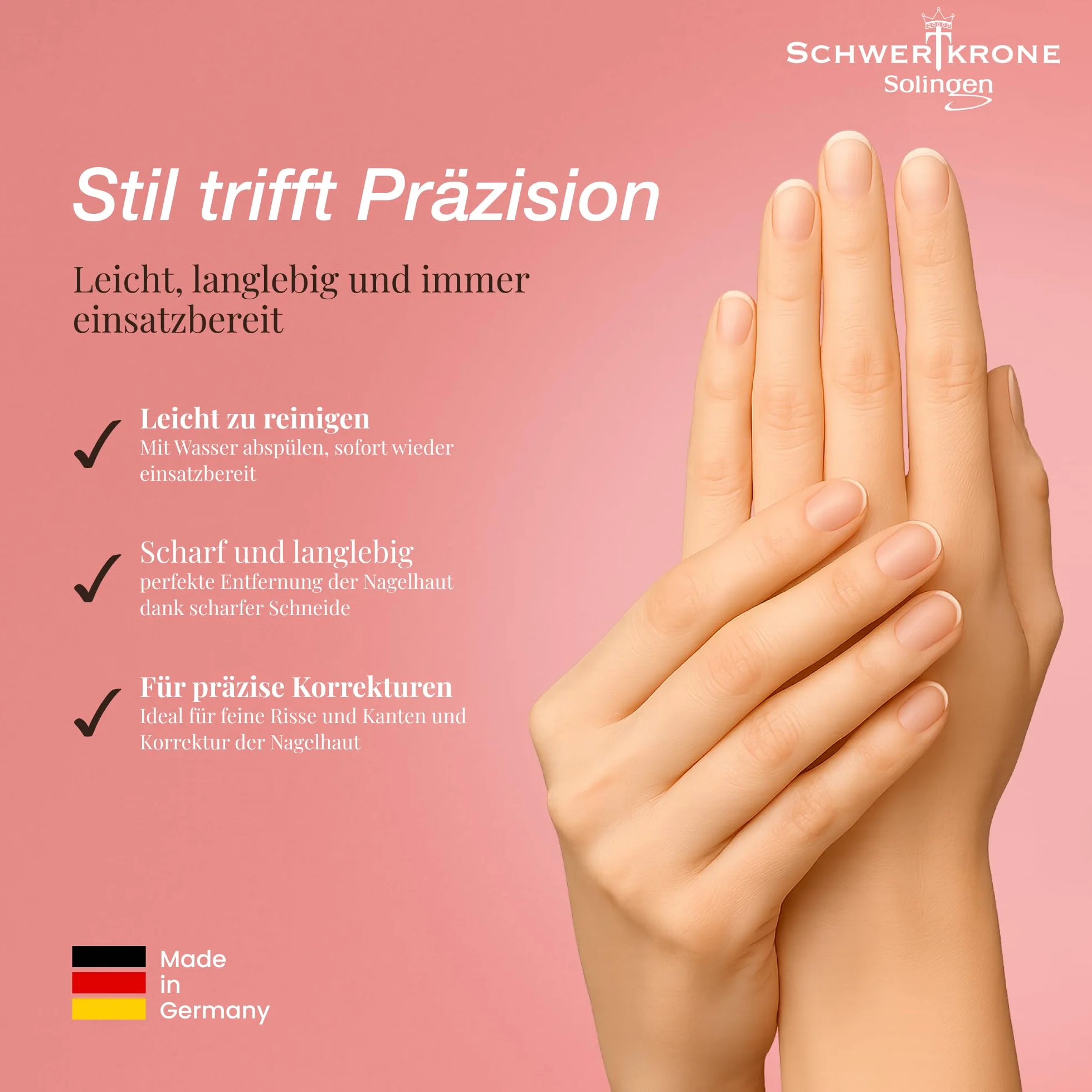 Schwertkrone® Solingen nóż do usuwania skórek z ostrzem w kształcie litery V, z nasadką ochronną – Made in Germany