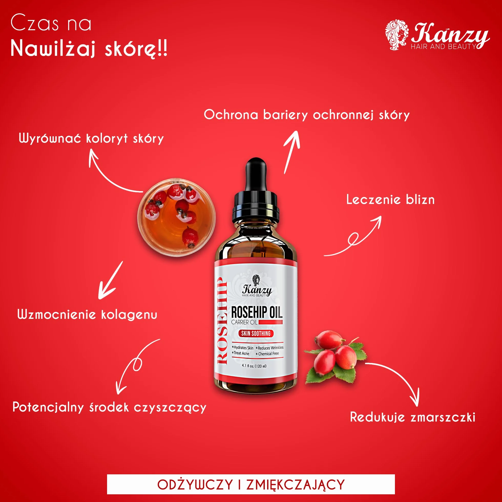 Kanzy Olejek Z Dzikiej Róży, Tłoczony Na Zimno, 100% Czysty 120 ml Rosehip Oil Do Skóry Paznokci Olejek Do Twarzy Ciała Wegański Wolny Od Heksanu, Naturalny Rosehip Seed Oil