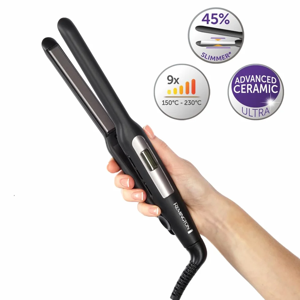 Remington Prostownica do włosów Pro-Ceramic Extra Slim do krótkich włosów, brody i fryzur typu pixie (ruchome płytki, zaawansowana powłoka ceramiczna, 9 ustawień 150-230°C, szybkie nagrzewanie) S5515