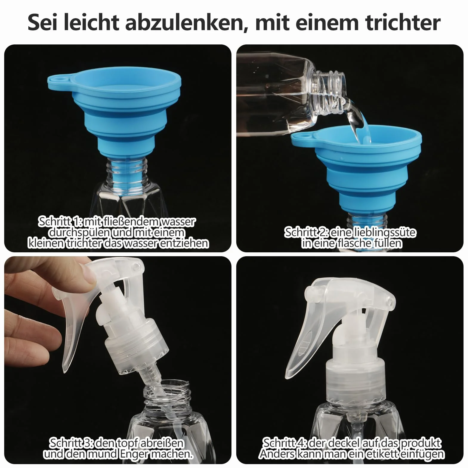 Butelka z rozpylaczem ze składanym lejkiem silikonowym, 200 ml, z tworzywa sztucznego, przezroczysta, pusta butelka z rozpylaczem do włosów, czyszczenia, roślin, kosmetyków, 5 sztuk