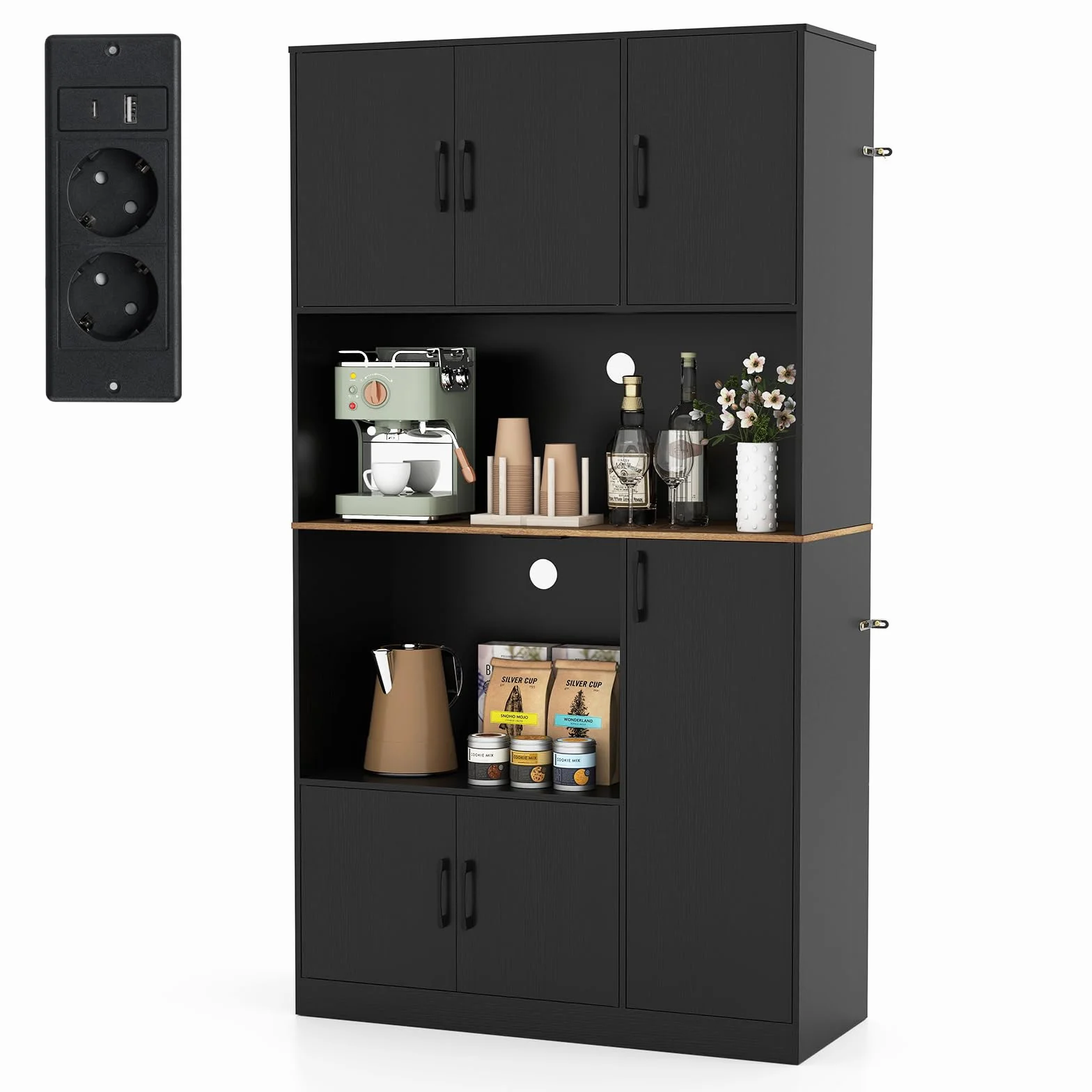 COSTWAY Drewniana szafka kuchenna z gniazdkiem, wysoka 100x40x180 cm czarna