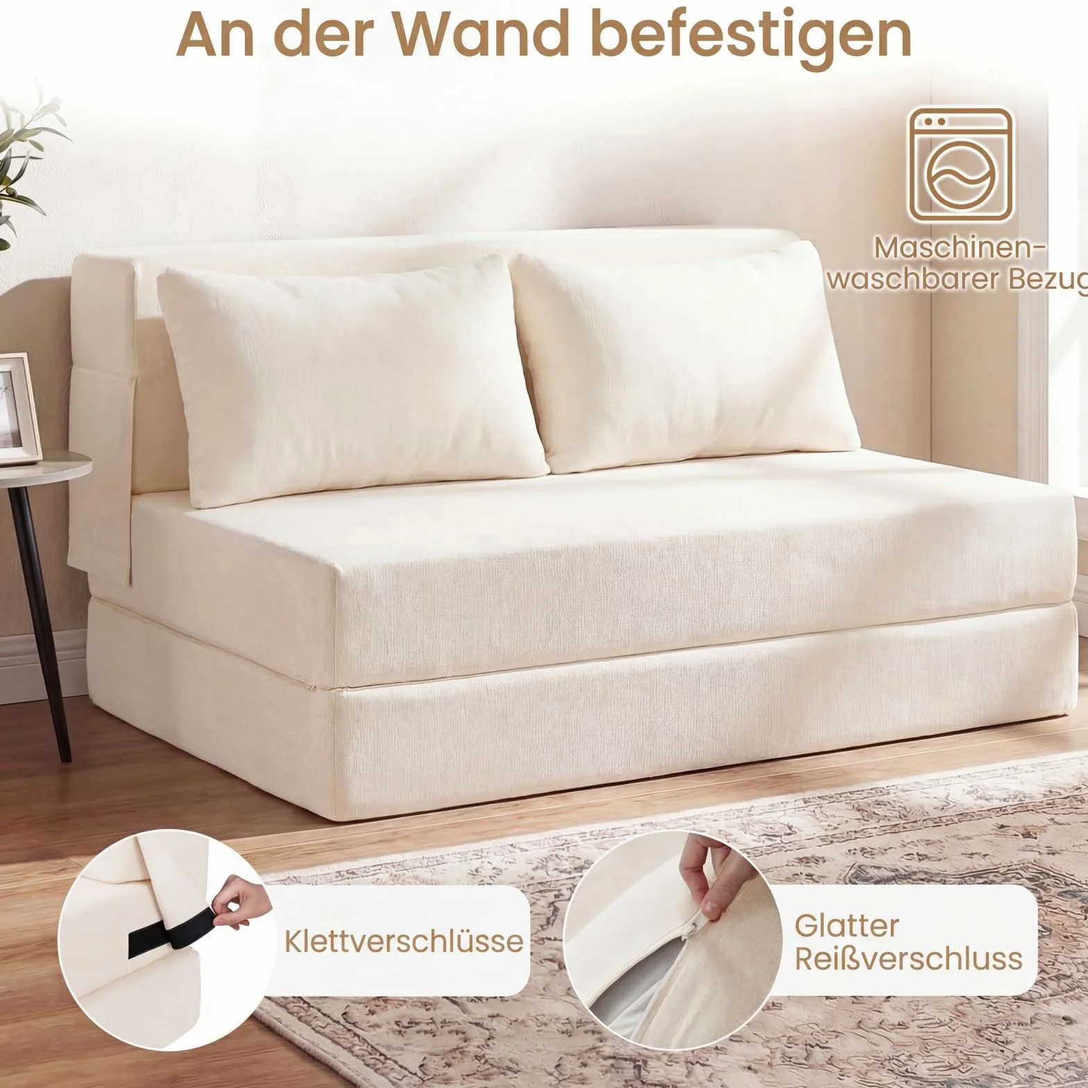 COSTWAY Rozkładana Sofa 3 w 1 z Materiału Szenilowego z 2 Poduszkami, Beżowa, 2-osobowa
