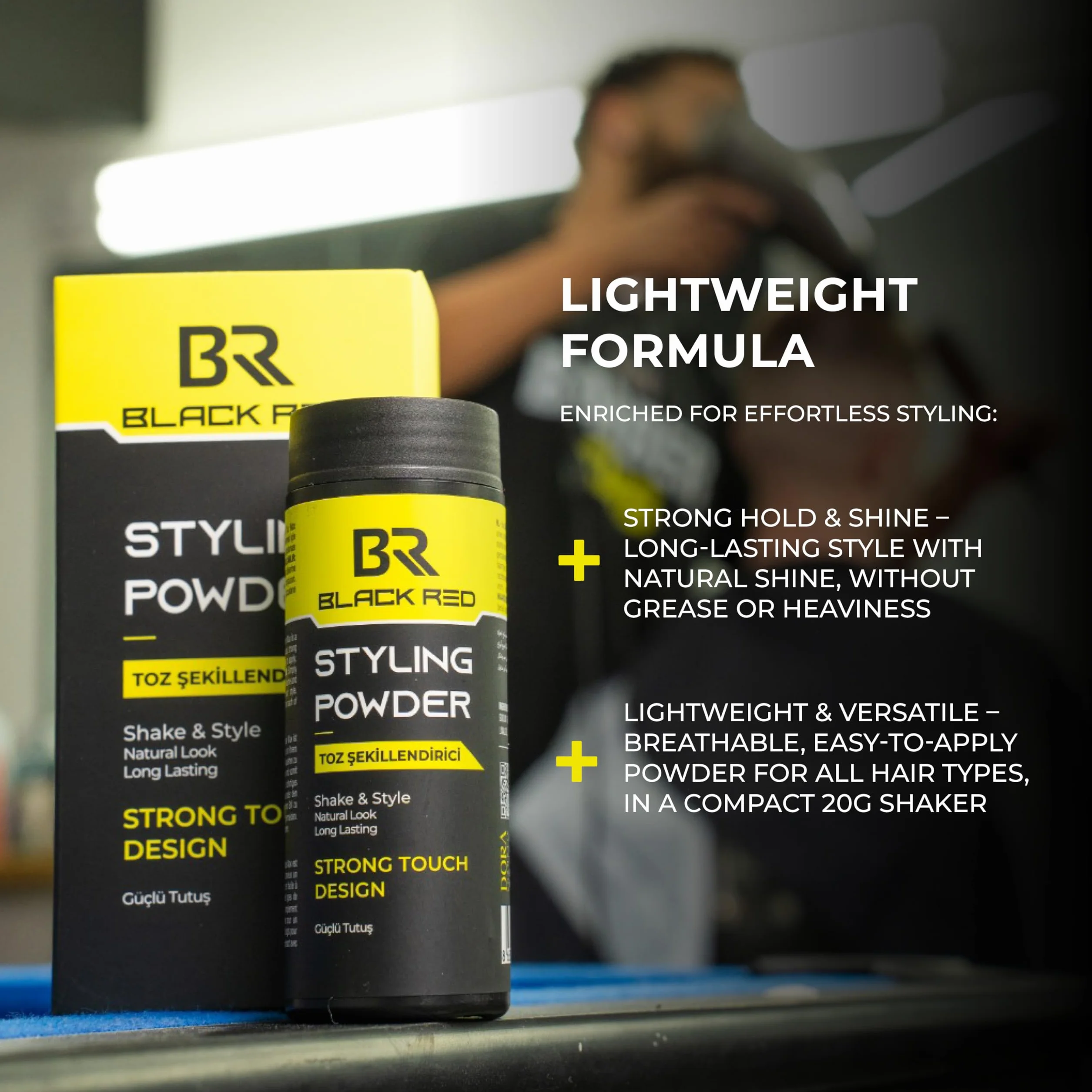 black red Teksturyzujący puder do stylizacji włosów, 20 g: (Strong Touch Design) Strong Touch with Our Special Formula for Men and Women