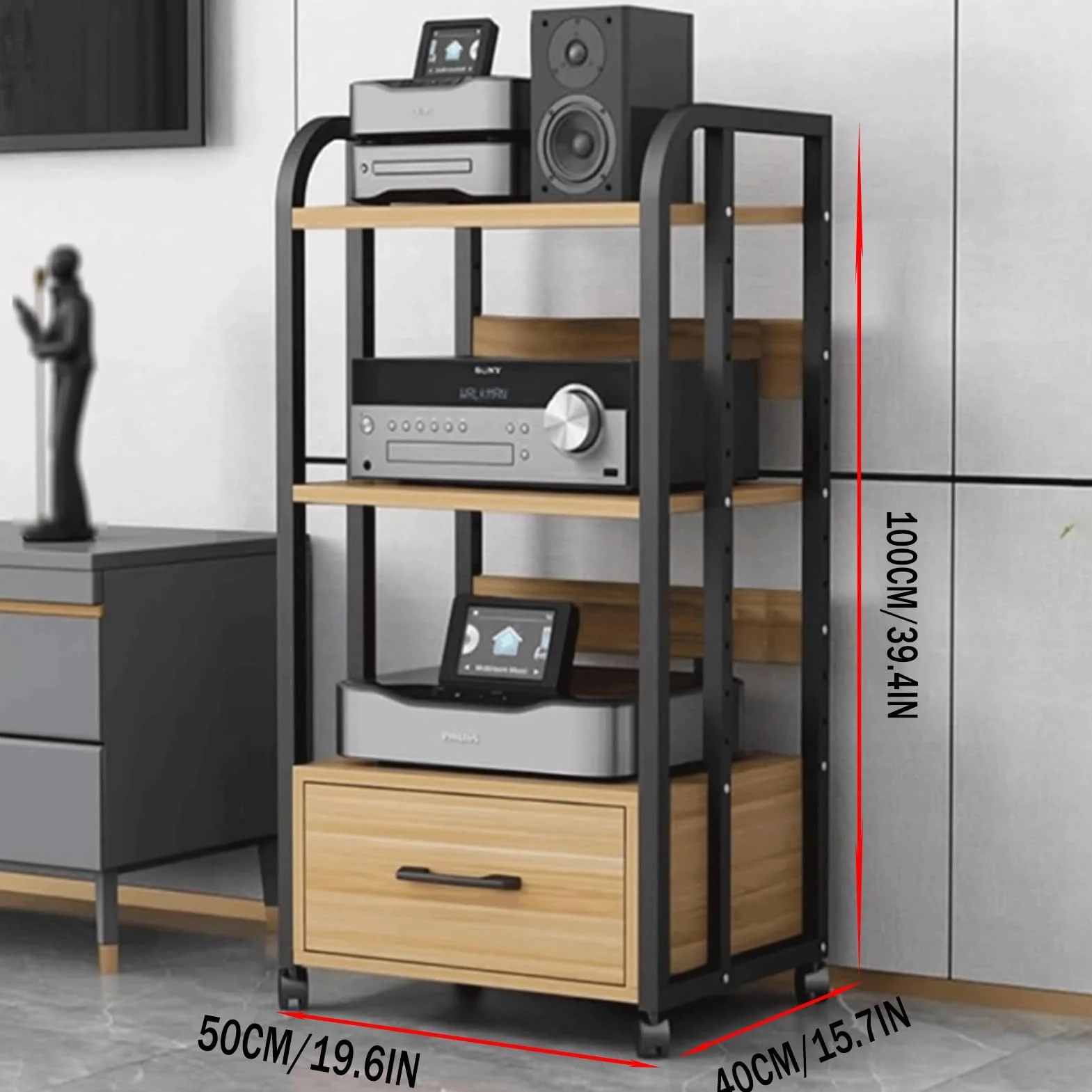 Szafka do przechowywania 3-poziomowa stojak na media audio-wideo z szufladą Light walnut 100cm