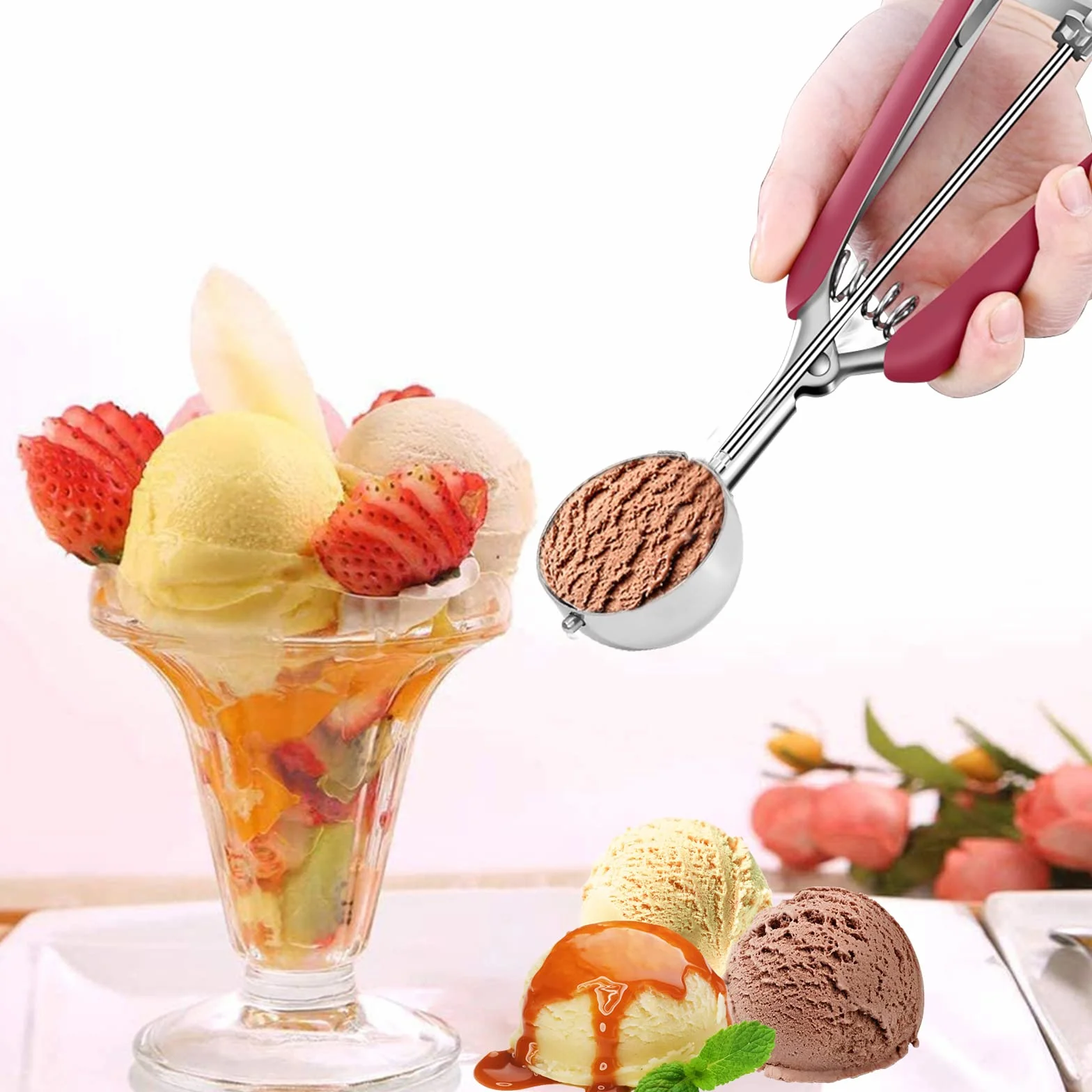 Łopatka do ciastek ze stali nierdzewnej 4 cm, miarka do babeczek z spustem, miarka do lodów z zwalniaczem