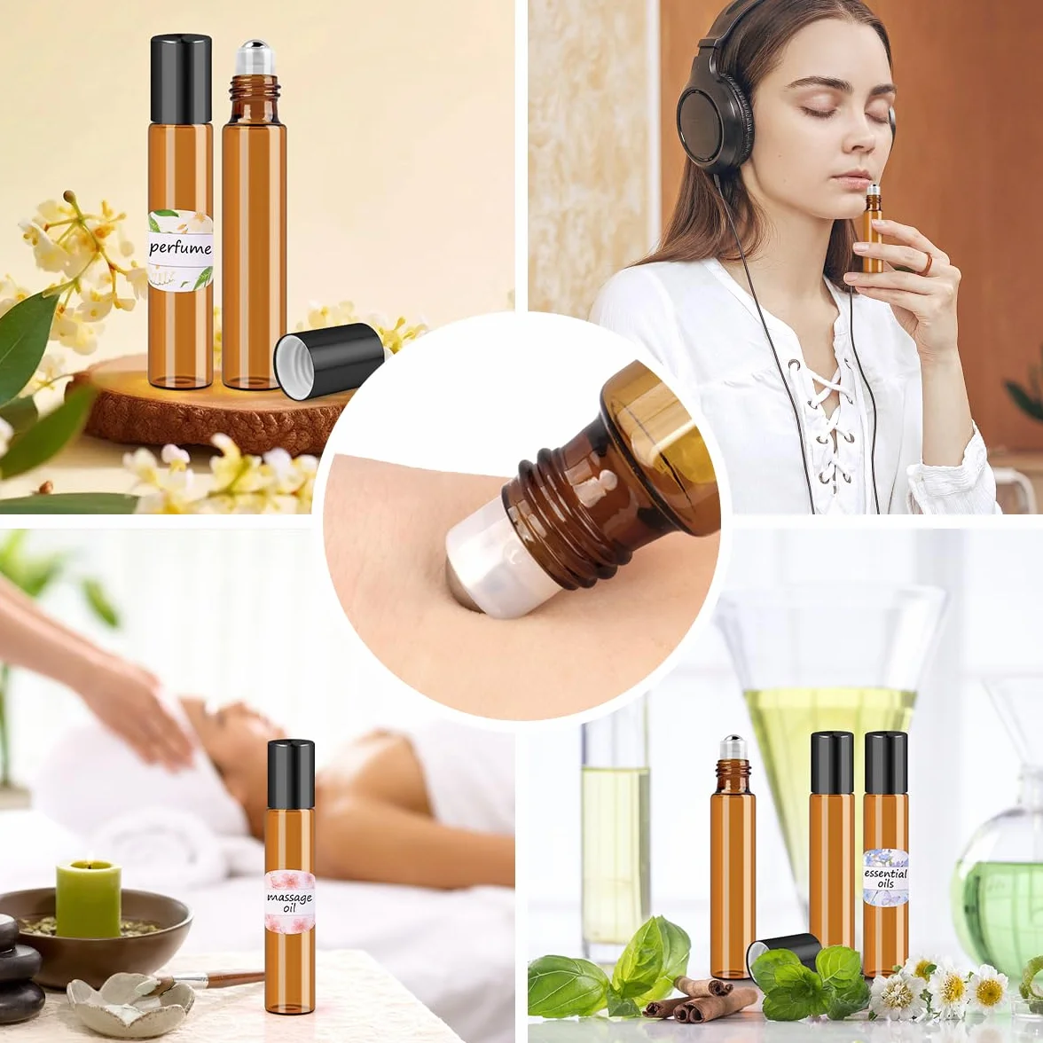 Roll on butelka pusta 10 ml, 15 sztuk, brązowe olejki eteryczne, szklane butelki z pipetą, kulkami ze stali nierdzewnej, do perfum, kosmetyków, aromaterapii, masażu, czarny