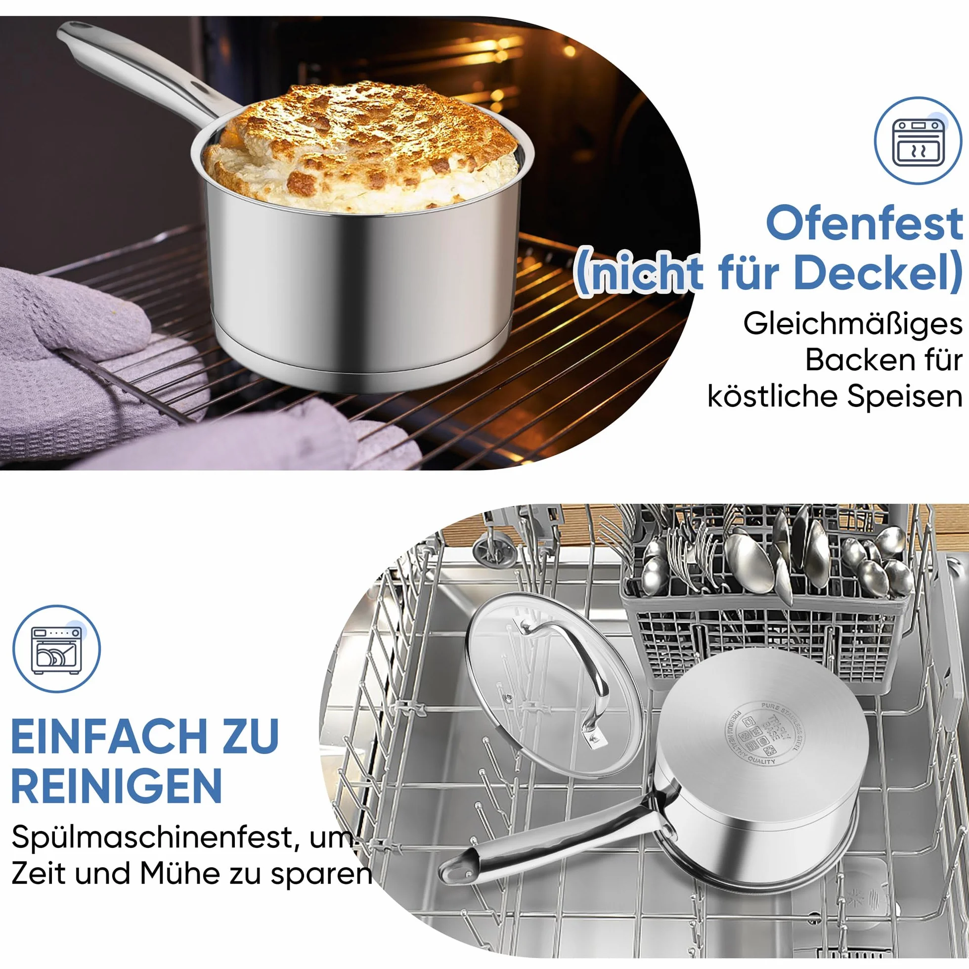 Onader rondel 14 cm, 3-warstwowy dno, stal nierdzewna, garnek do mleka ze szklaną pokrywką, 0,9 l, do wszystkich rodzajów kuchenek, zdrowy i nadaje się do mycia w zmywarce