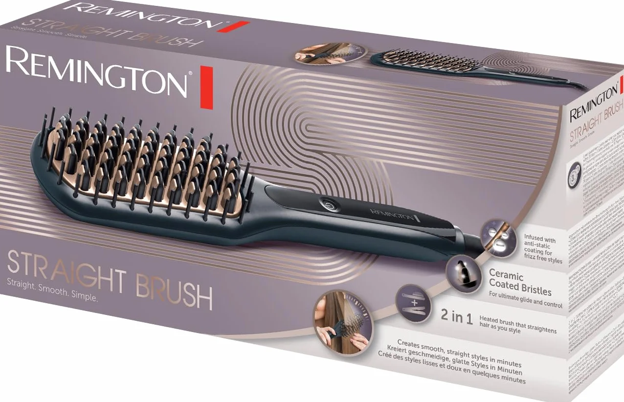 Remington szczotka prostująca z jonizacją, ceramiczne włosie z powłoką antystatyczną, 3 ust. temperatury, szybkie nagrzewanie, przewód 1.8m, etui, szara/brązowa, Straight Brush CB7400