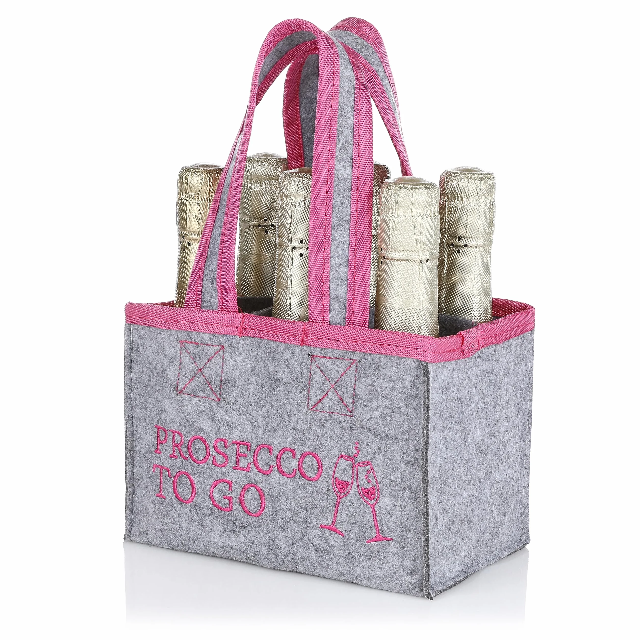 FunX Torba na butelki Prosecco to go – filcowa torba na 6 butelek – szara z uchwytami do noszenia i nadrukiem – wszechstronne zastosowanie – 19 x 12 x 14 cm, szary/różowy, torba na napoje