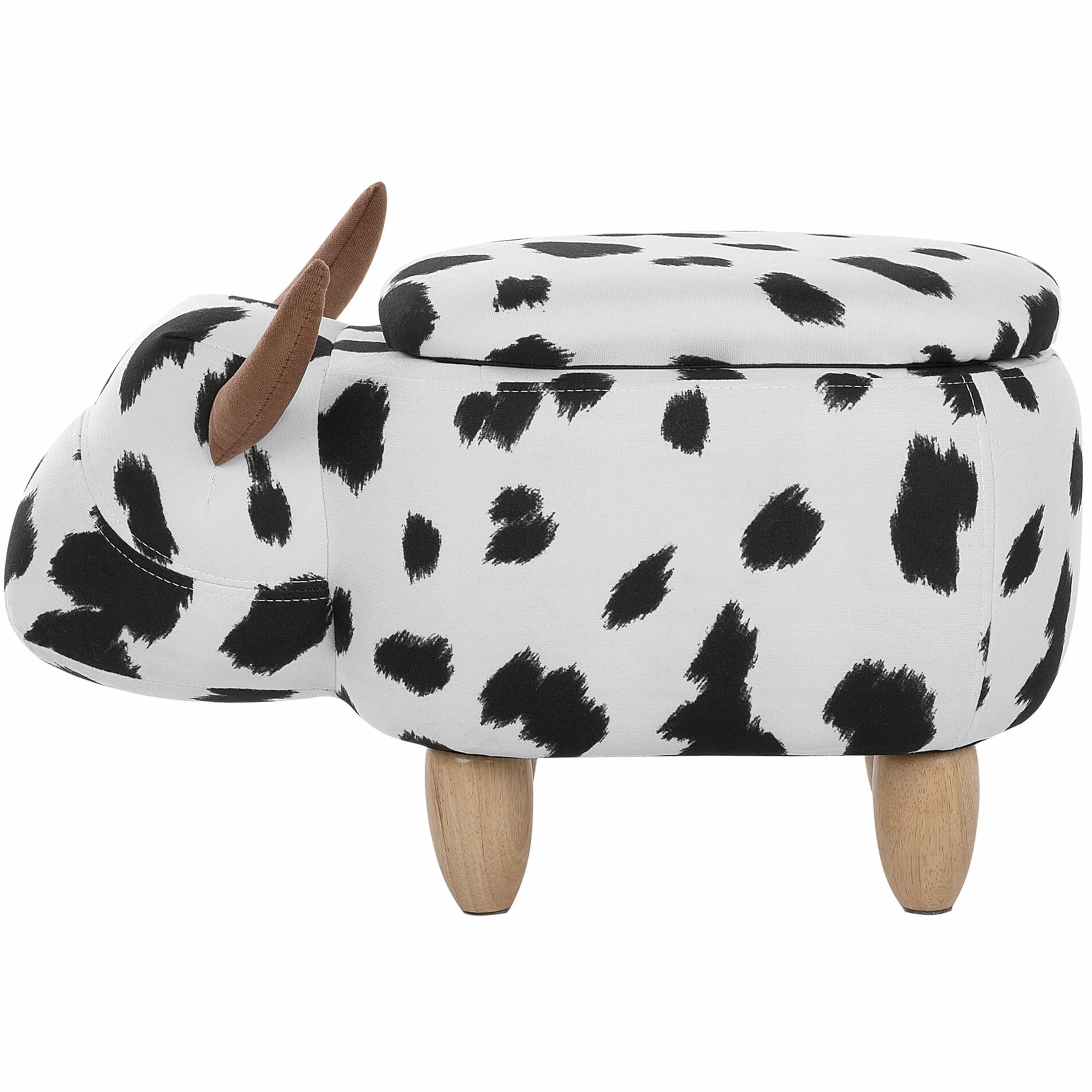 Pufa dla dzieci czarno-biała w łaty ze schowkiem drewniane nóżki Cow